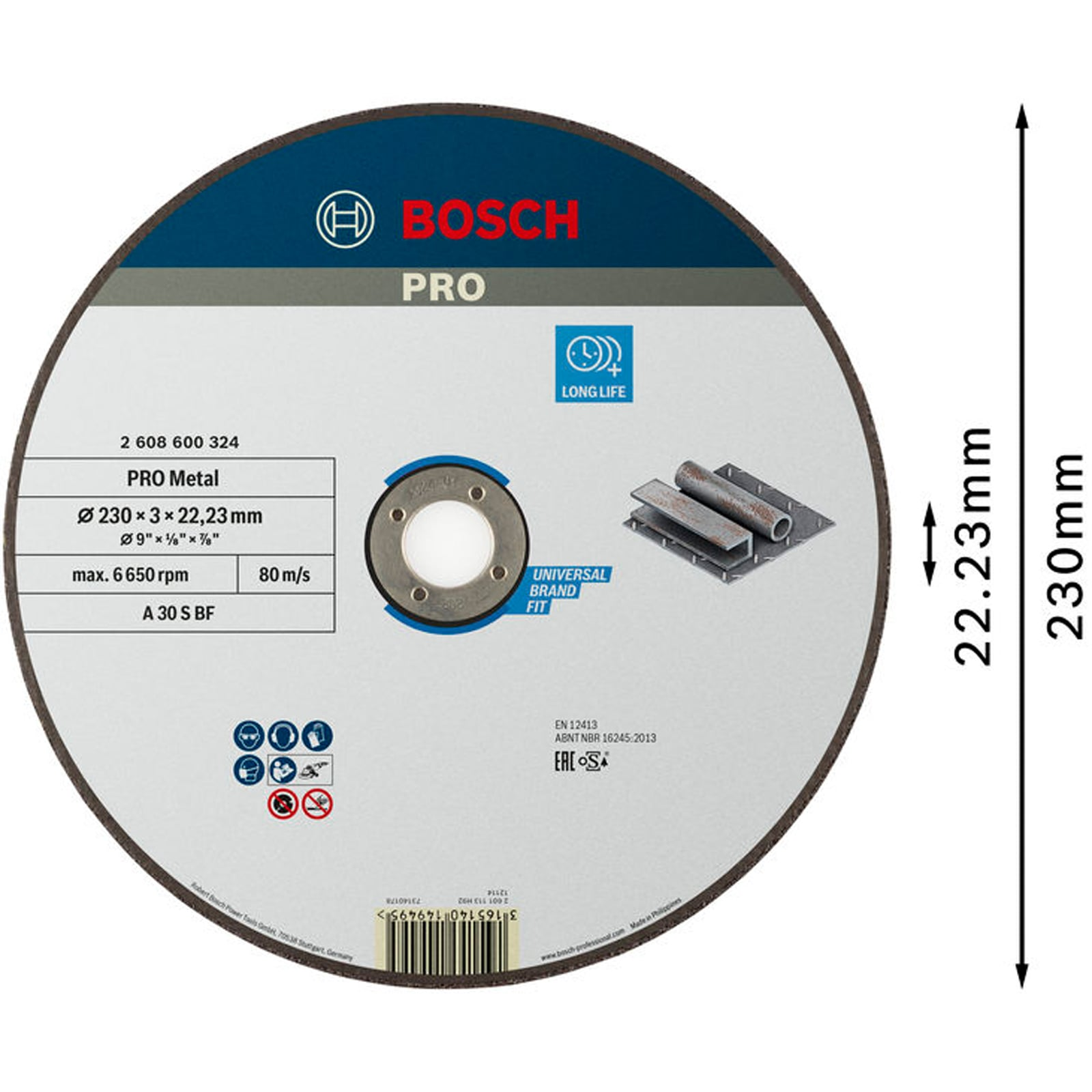 Bosch PRO Metal Trennscheibe mit 230mm Durchmesser und Maßangaben.