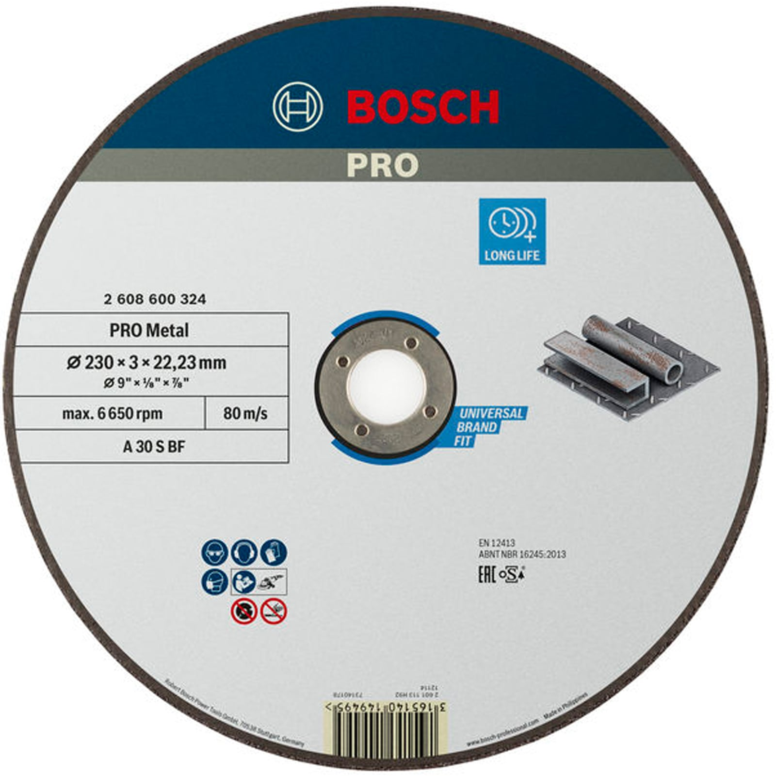 Blaue Bosch PRO Metal Trennscheibe mit technischen Daten, Sicherheitssymbolen und Strichcode.