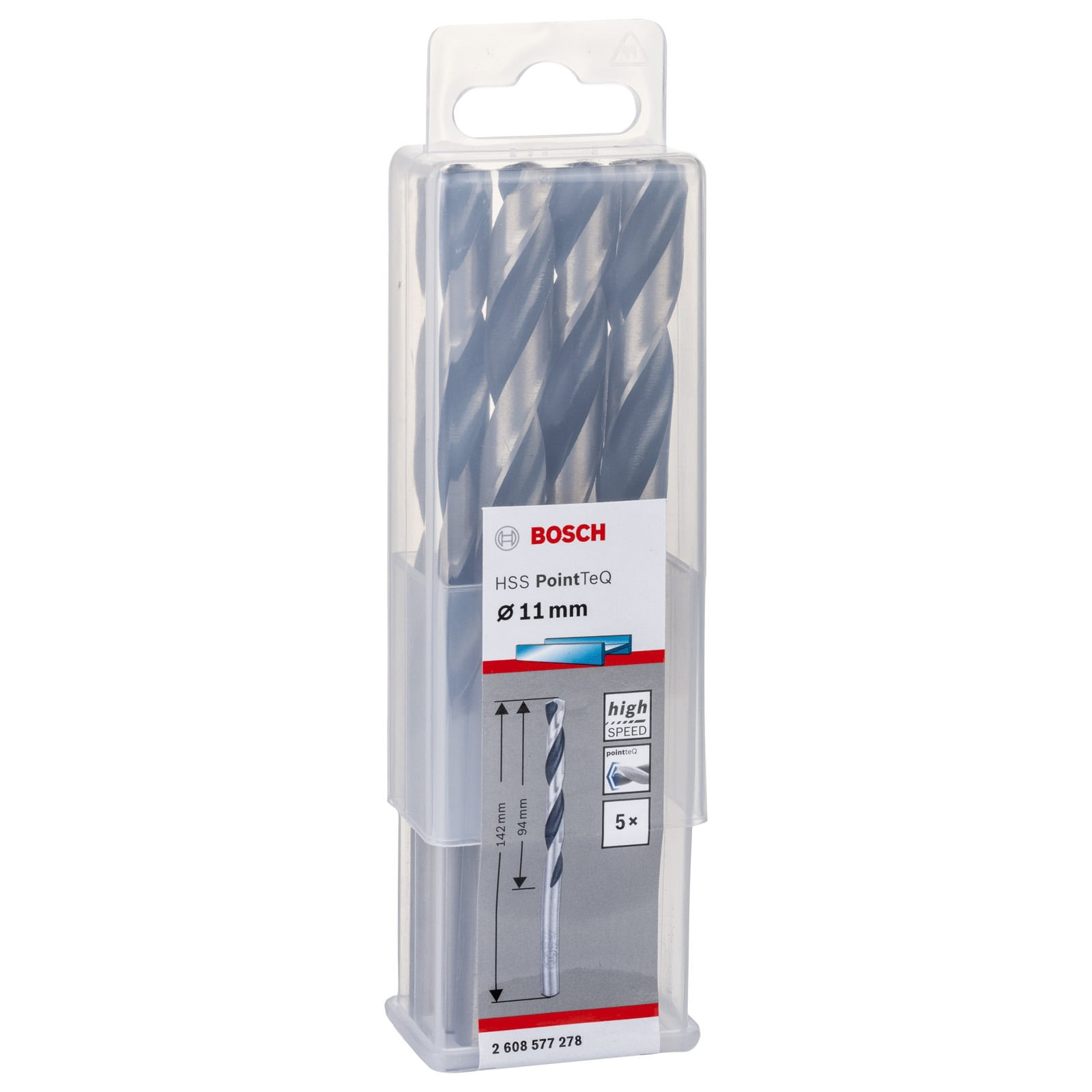 Piec wiertel kretych Bosch HSS PointTeQ 11 mm w przezroczystym plastikowym pudelku.