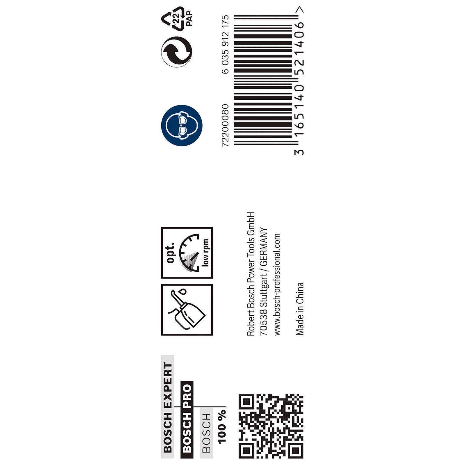 Bosch-Etikett mit Barcode, QR-Code, Firmenadresse und Sicherheitssymbolen.