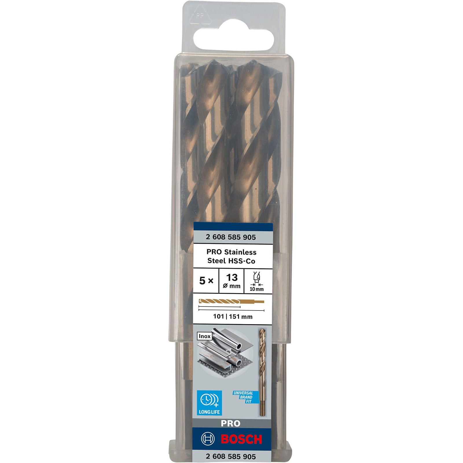 Packung mit fünf Bosch HSS-Co Edelstahlbohrern in transparenter Plastikverpackung.