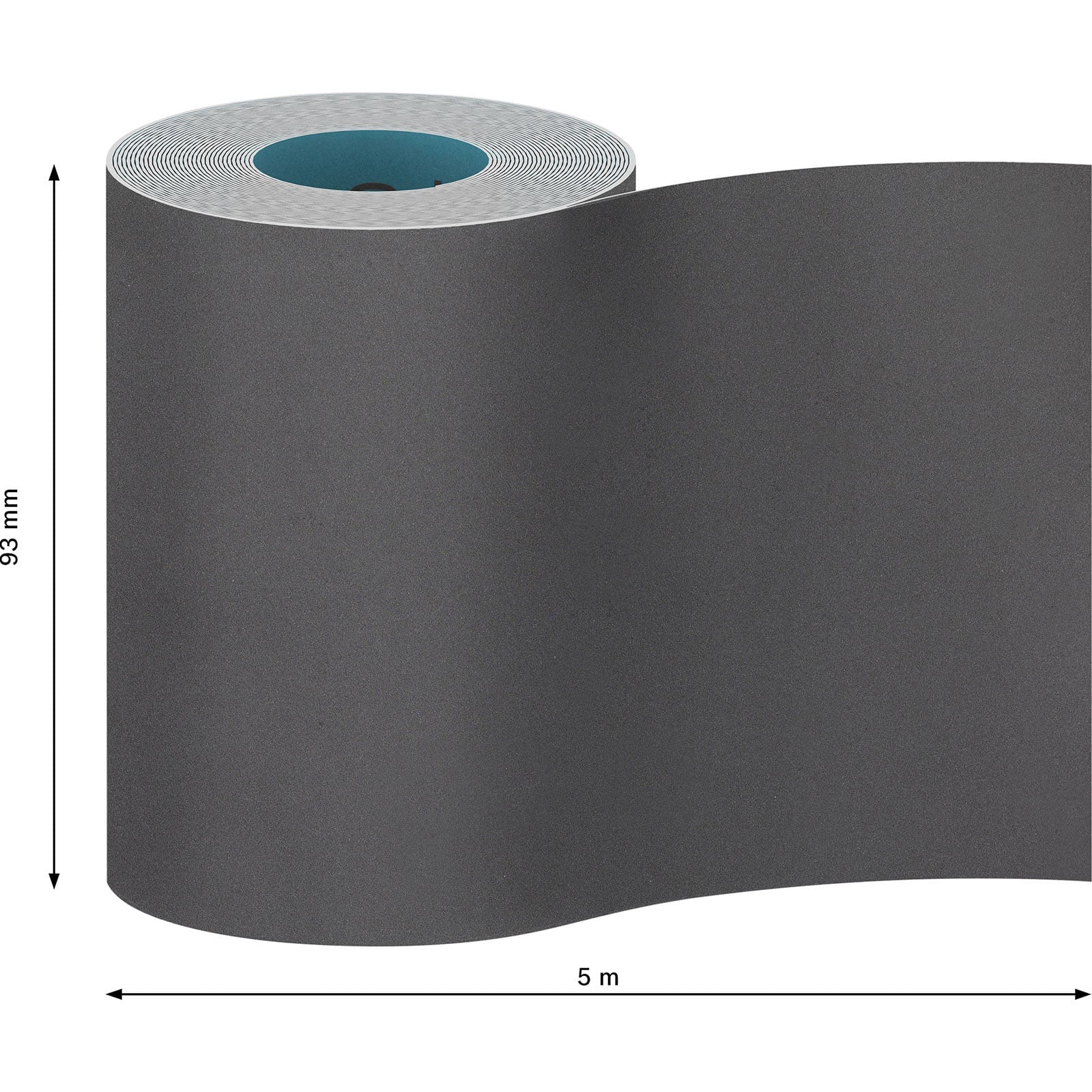 Eine Rolle graues Band, 93 mm breit und 5 m lang, vor weißem Hintergrund.
