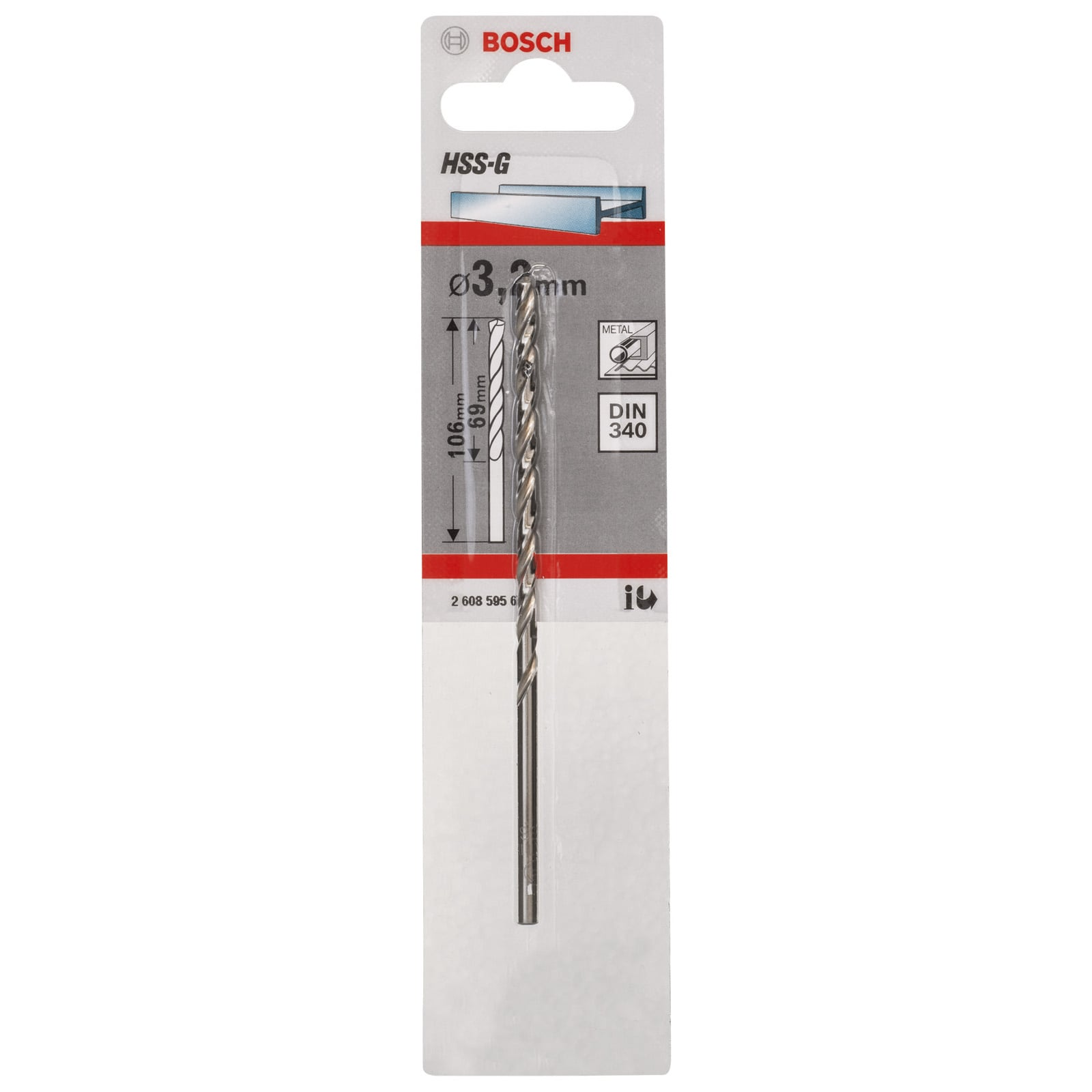 Eine Bosch HSS-G Metallbohrerpackung mit einem 3,2 mm Bohrer auf weißem und grauem Hintergrund.