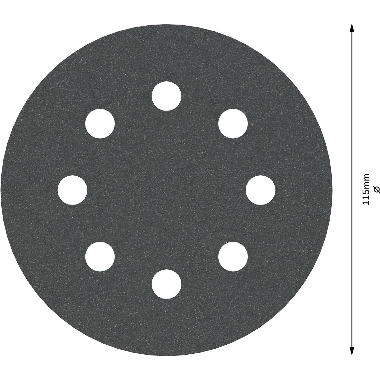 Graue, kreisförmige Schleifscheibe mit acht Löchern, Durchmesser 115 mm.