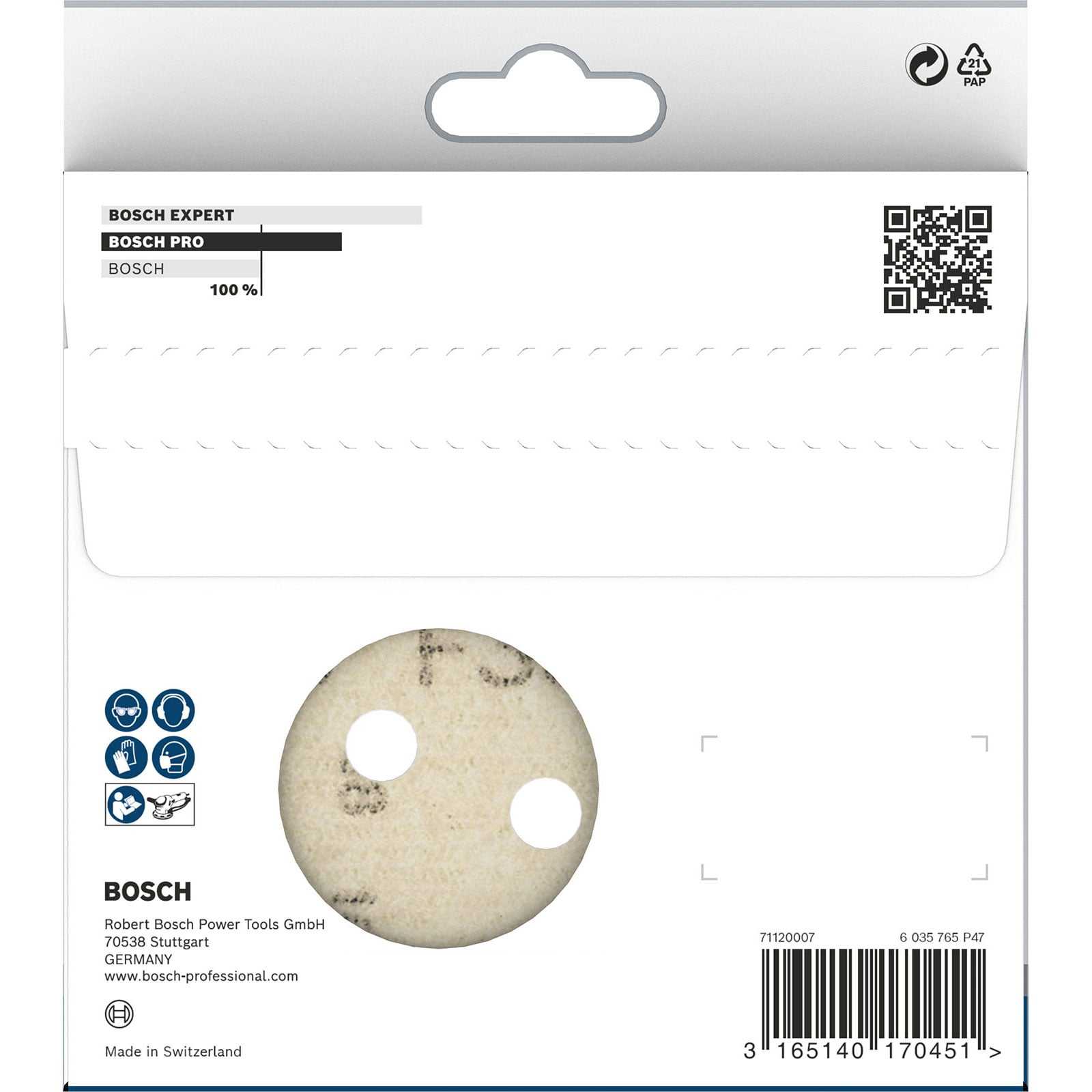 Bosch Schleifpapierverpackung mit runder Schleifscheibe, QR-Code und Barcode unten.
