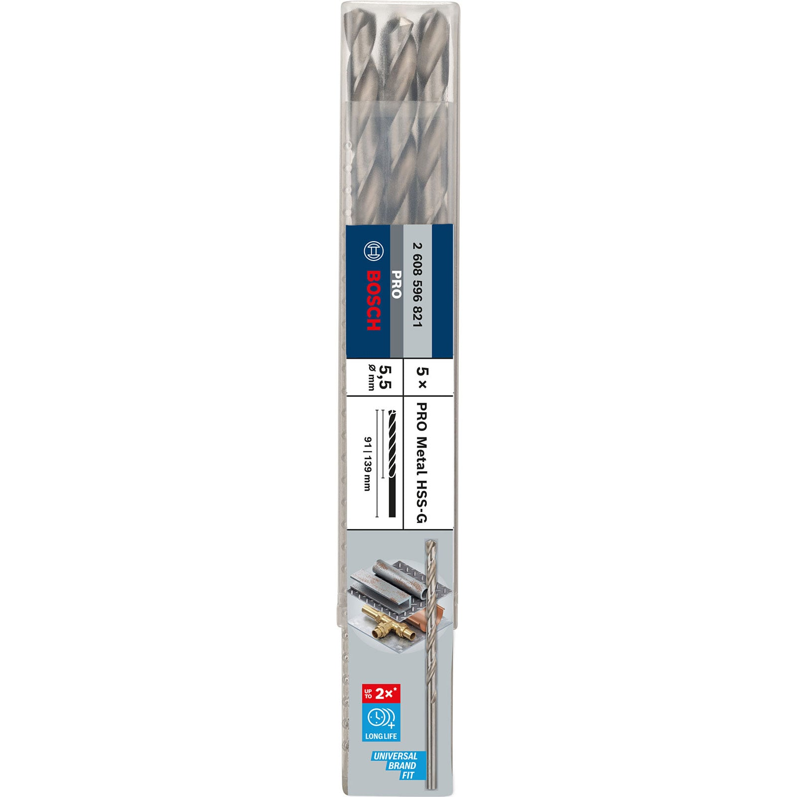 Packung mit fünf Bosch HSS-G Metalldrahtbohrern in einer Kunststoffhülle.