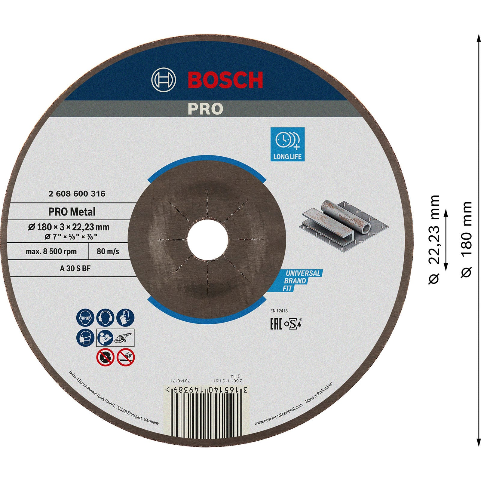 Tarcza tnąca Bosch PRO Metal, średnica 180 mm, ze specyfikacją techniczną i symbolami bezpieczeństwa.