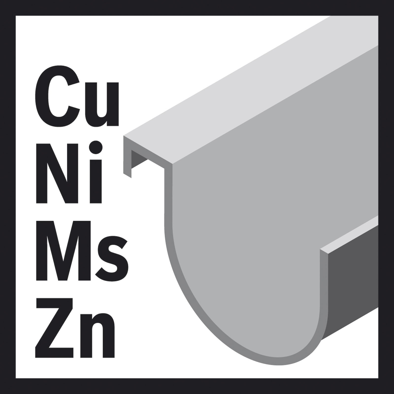 Graue Dachrinne mit chemischen Elementen Cu, Ni, Ms, Zn links auf weißem Grund.