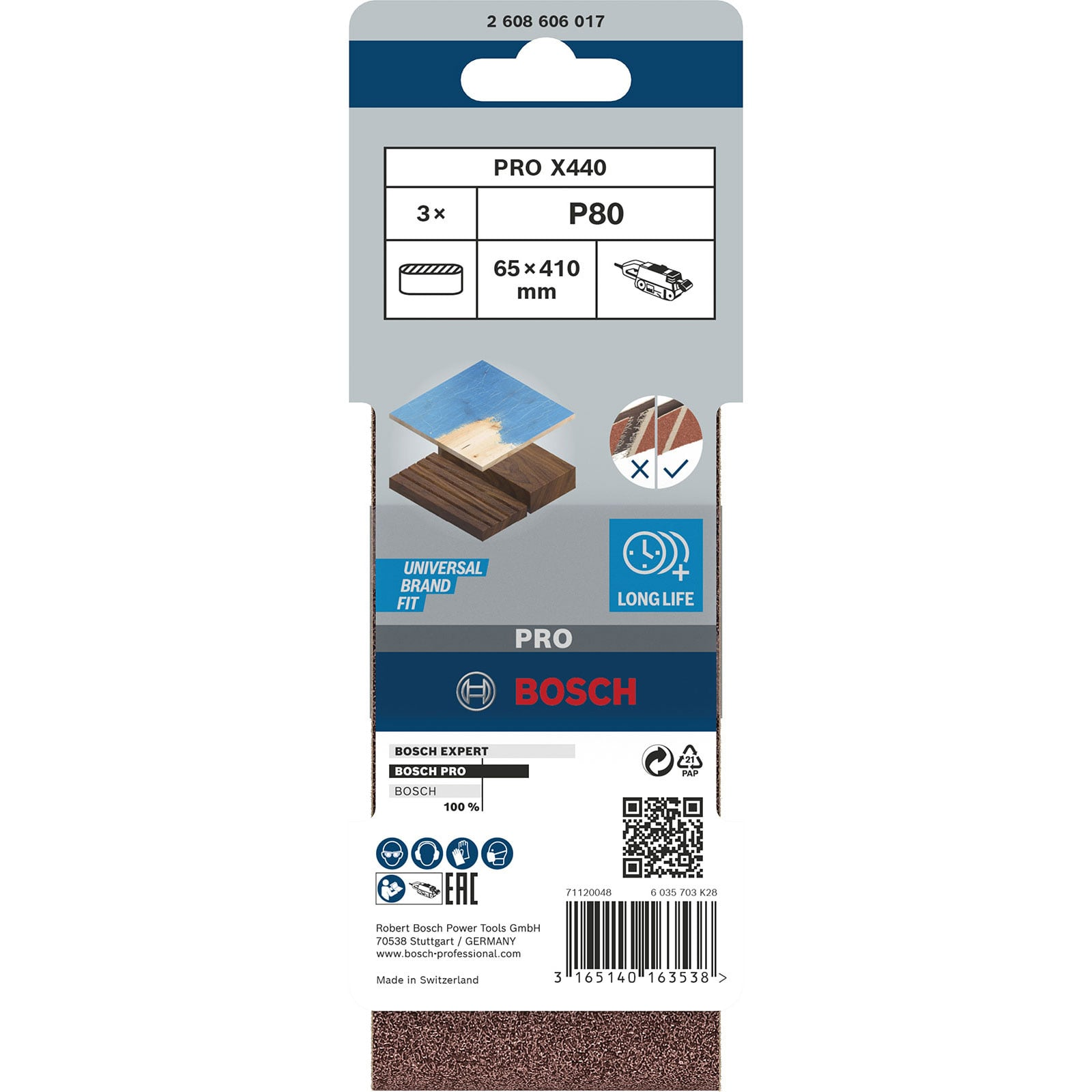 Verpackung von drei Bosch PRO X440 Schleifbändern in P80, 65x410 mm, mit Bosch-Logo und Barcode.