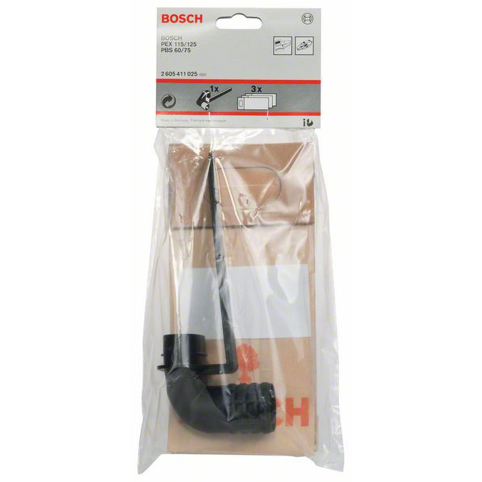 Bosch schwarzer Plastik-Staubsaugeradapter in versiegelter transparenter Verpackung.