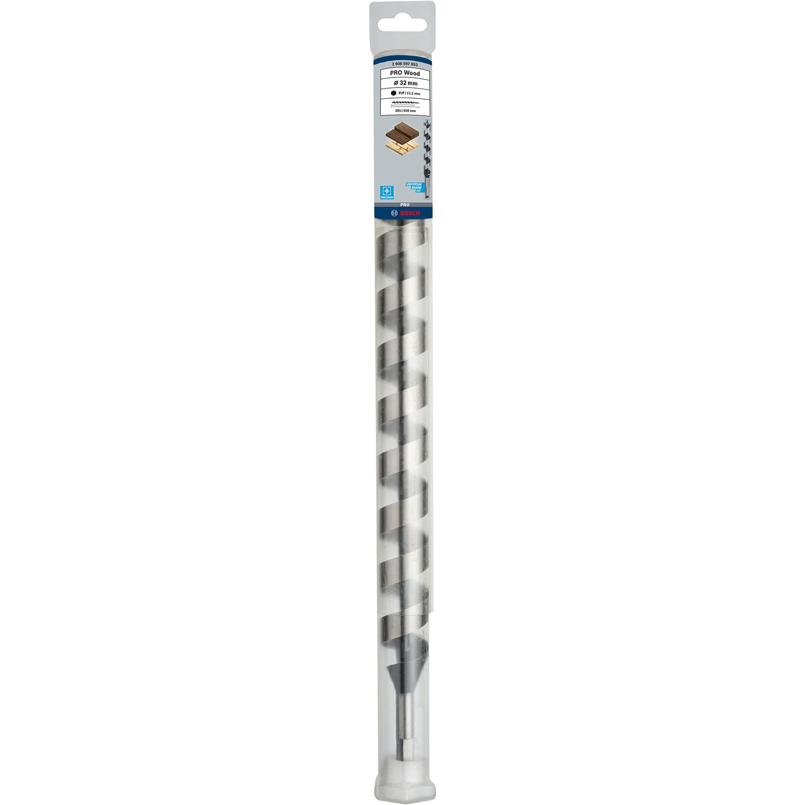 Ein Bosch Holzspiralbohrer in Originalverpackung vor weißem Hintergrund.