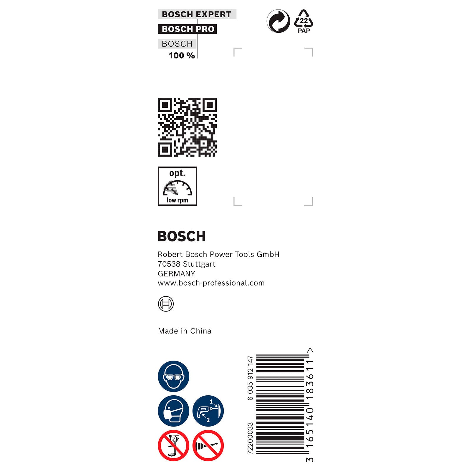 Bosch-Produktetikett mit Logos, QR-Code, Herstellerinfo, Sicherheitssymbolen und Barcode.