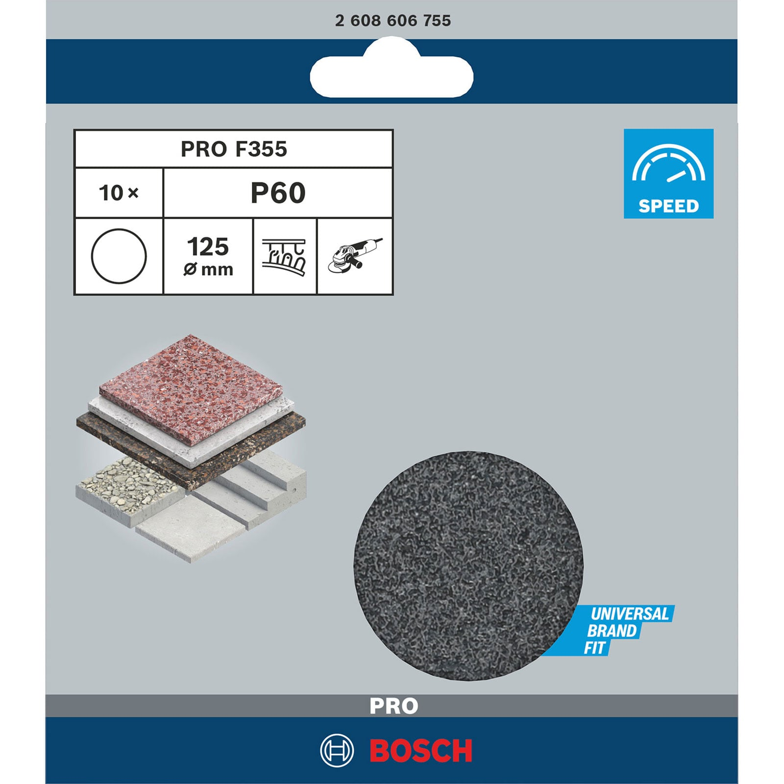 Bosch PRO F355 Schleifscheibe, 125mm, P60, 10er-Pack, für verschiedene Materialien.