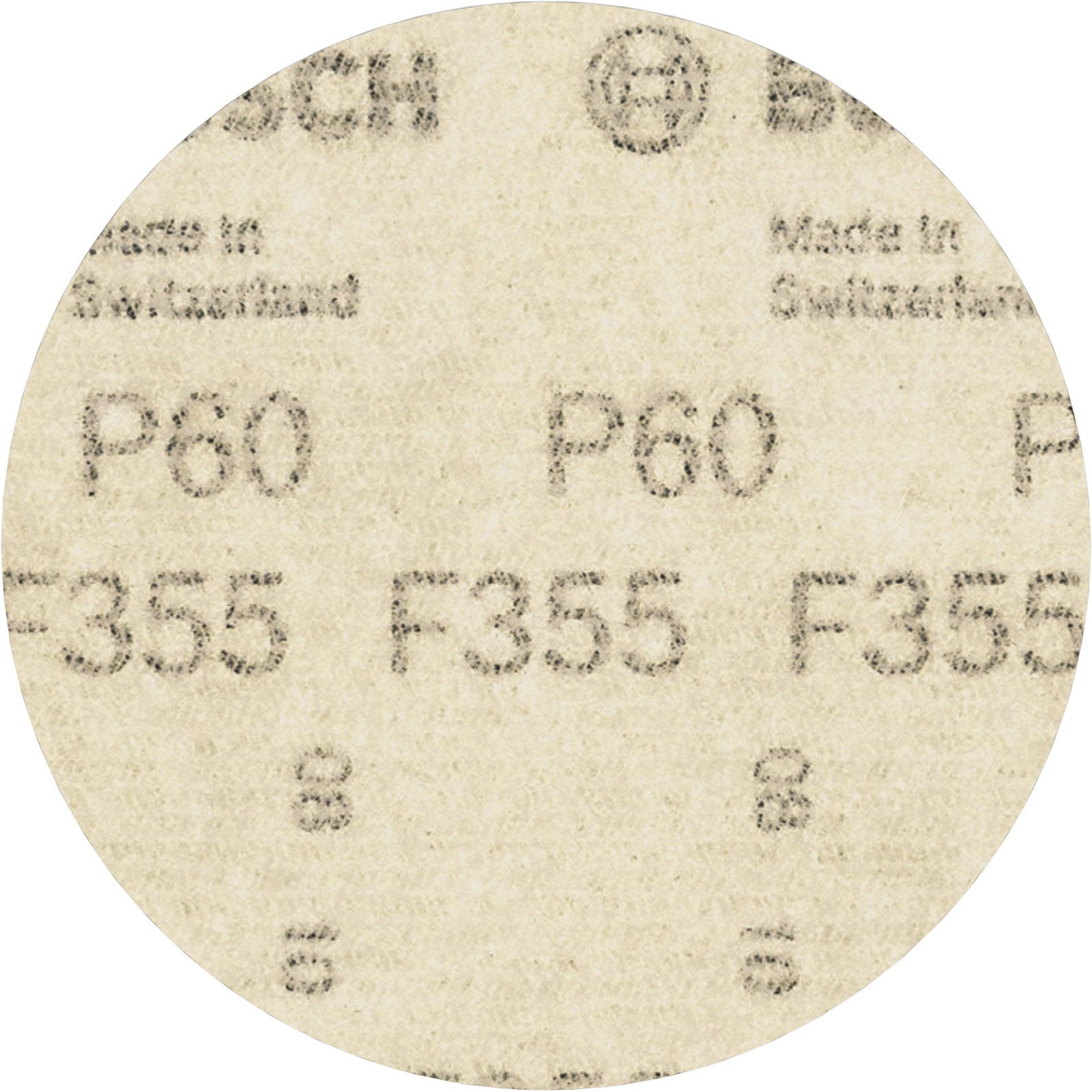 Nahaufnahme einer runden, beigen Schleifscheibe mit Bosch-Logo und P60-Körnung.
