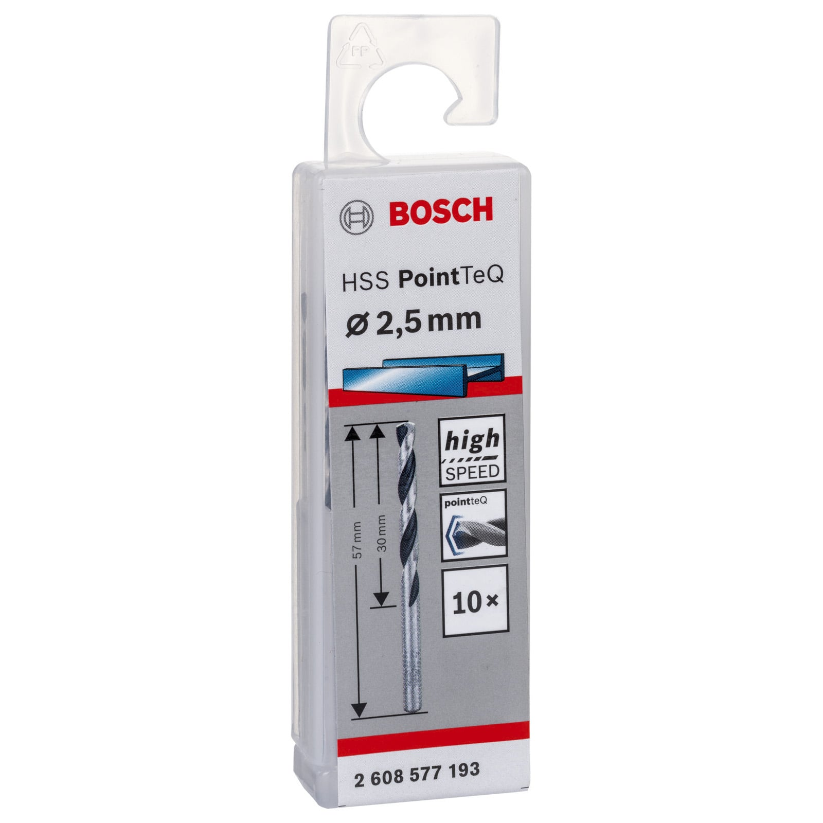 Bosch HSS PointTeQ 2,5 mm Bohrer-Set Verpackung mit Aufhängehaken.