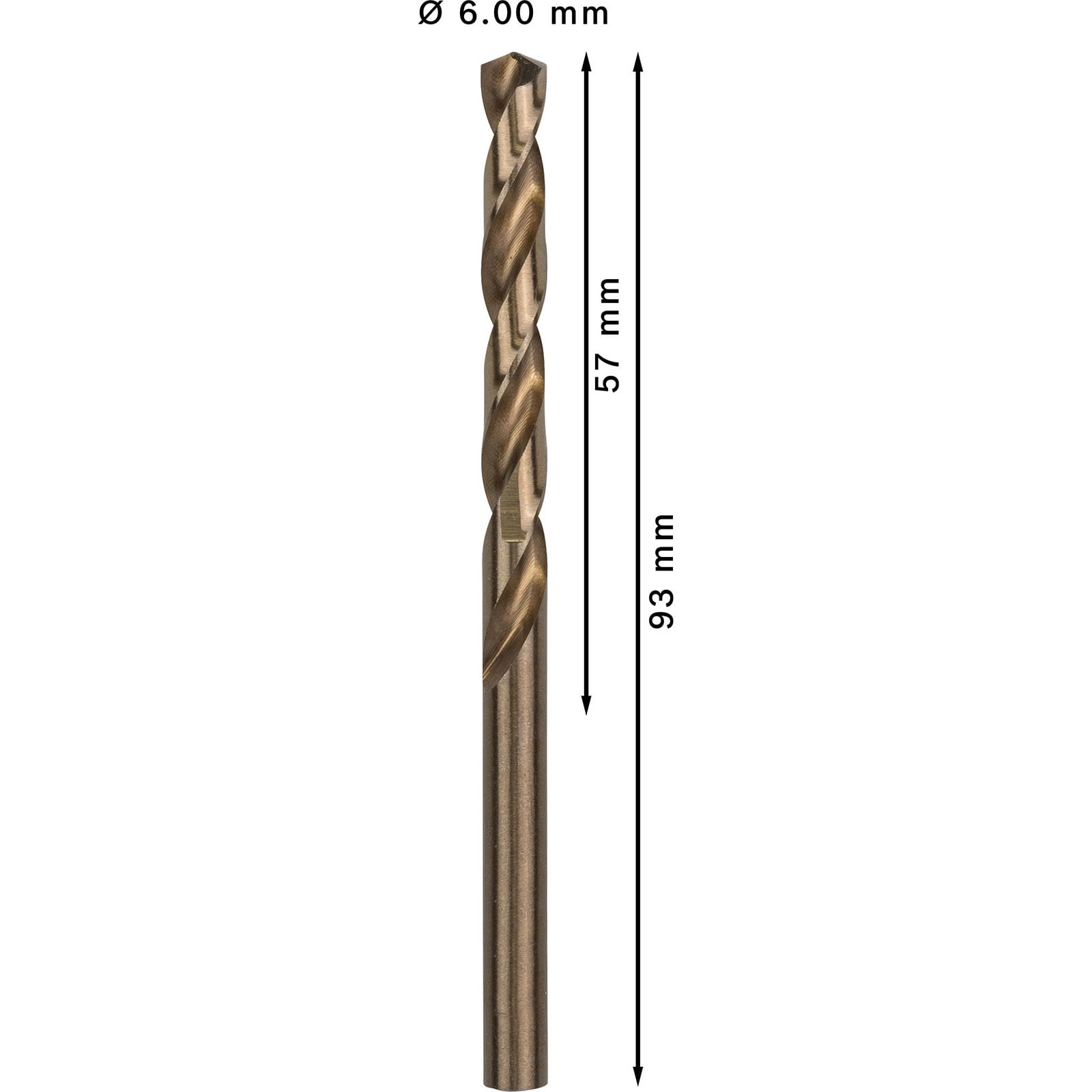 Bronzefarbener Metallbohrer mit Abmessungen: 6 mm Durchmesser, 57 mm Spirallänge und 93 mm Gesamtlänge.