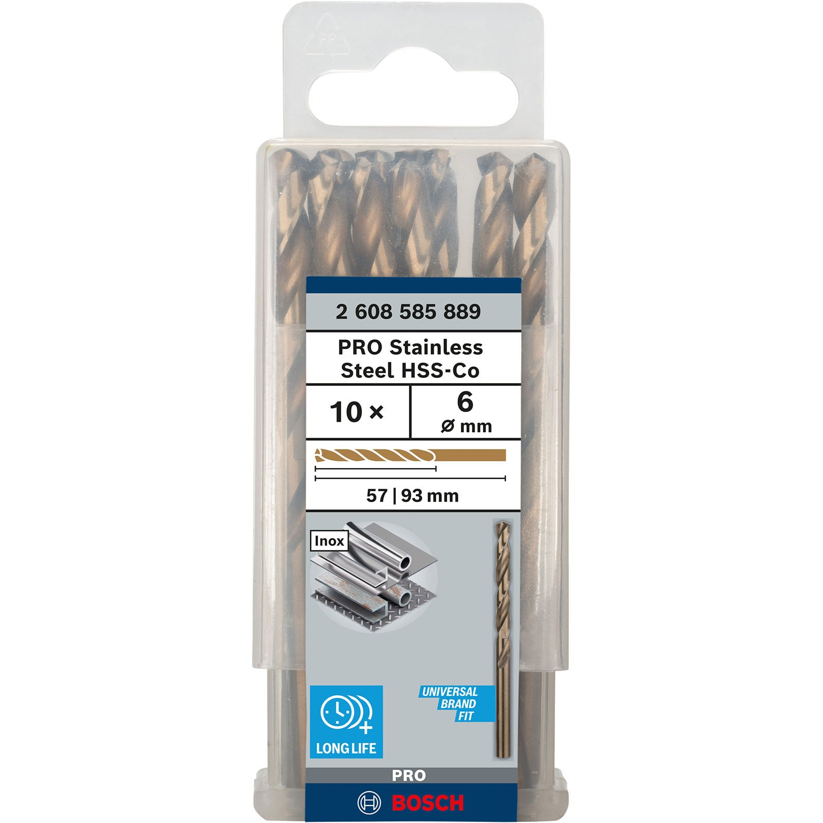 Verpackung mit zehn braunen Bosch PRO Edelstahl-HSS-Co-Bohrern, 6 mm Durchmesser.