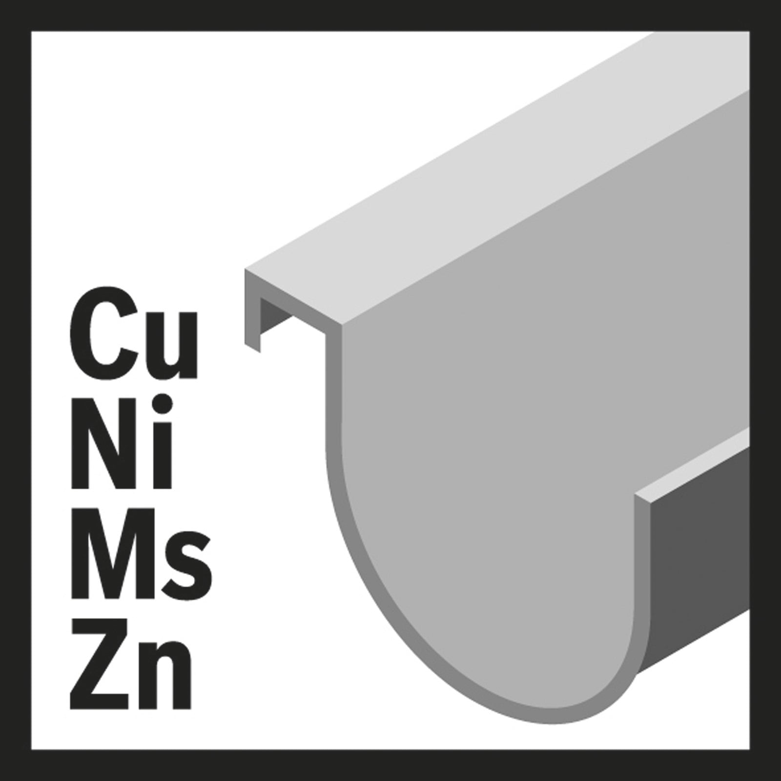 Technische Zeichnung einer grauen Regenrinne mit den Elementsymbolen Cu, Ni, Ms und Zn.