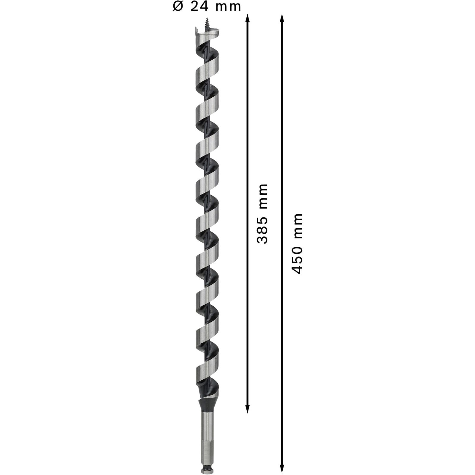 Langer Holzbohrer mit 24 mm Durchmesser, 385 mm Arbeitslänge und 450 mm Gesamtlänge.
