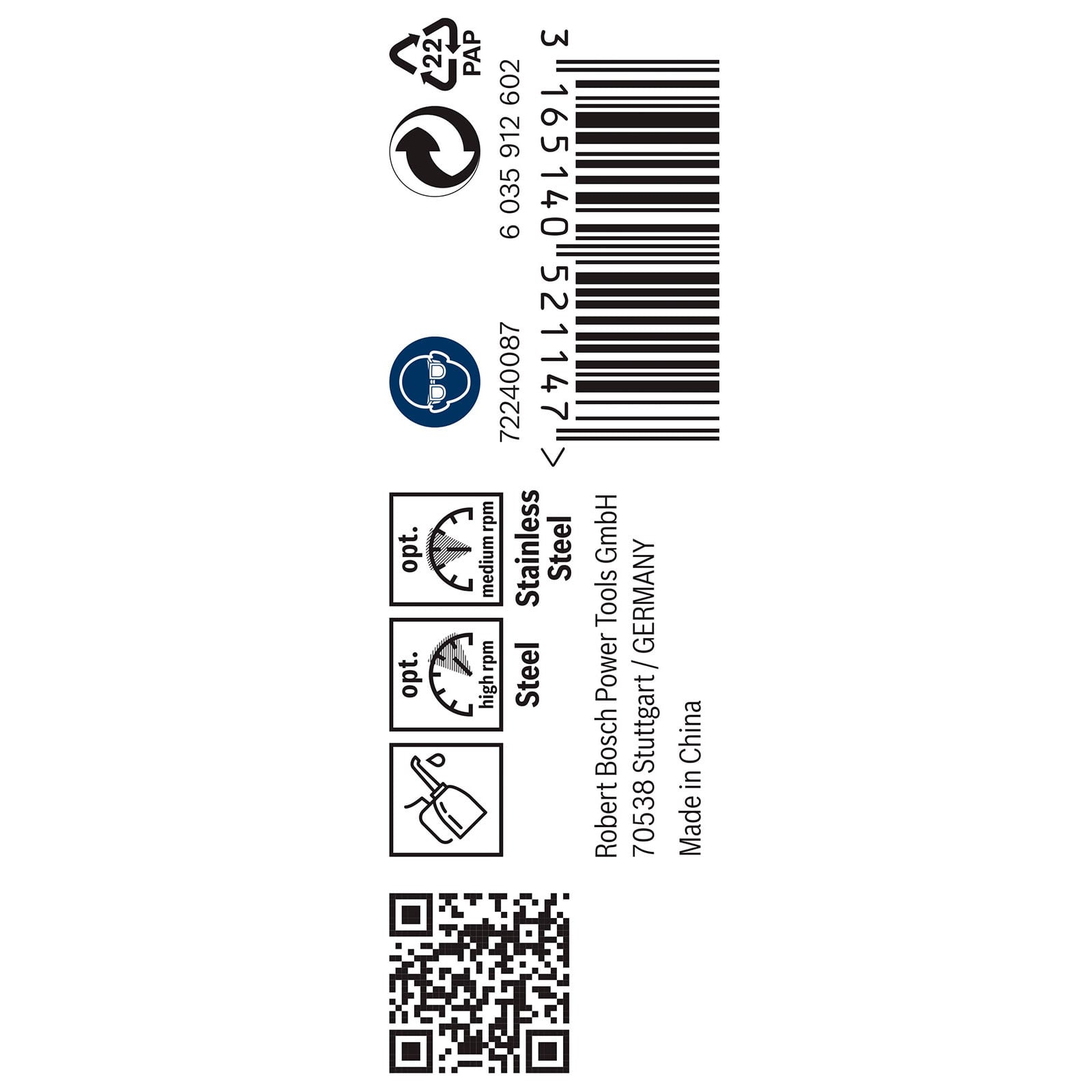Barcode, QR-Code und Symbole auf einer Produktverpackung von Bosch.