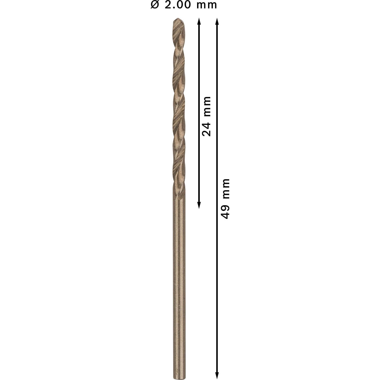 Ein 2,00 mm Bohrer mit 24 mm Spirallänge und 49 mm Gesamtlänge auf weißem Hintergrund.