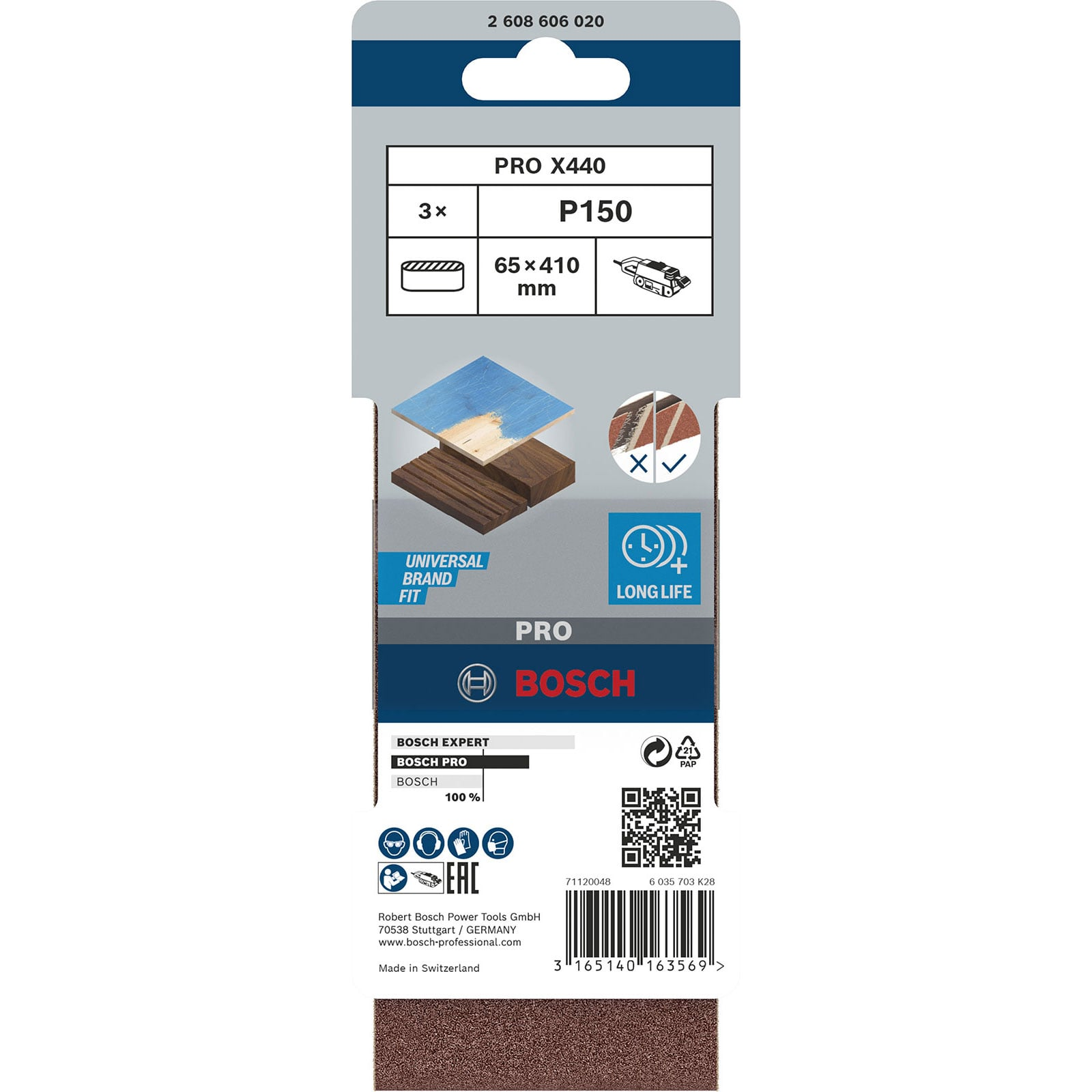Bosch PRO X440 Schleifbandverpackung mit Produktdetails, Abmessungen und Bosch-Logo.
