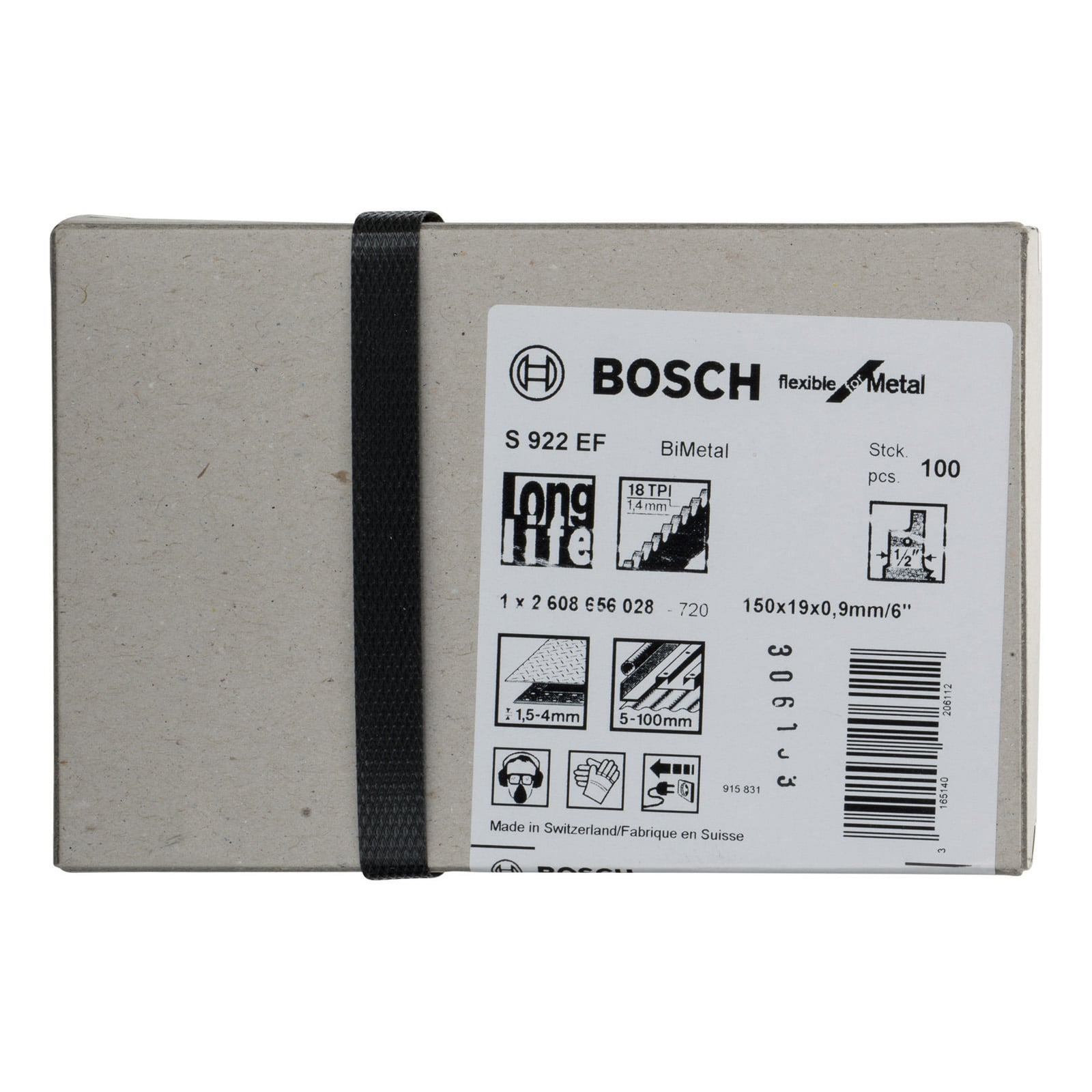 Eine graue Bosch-Pappschachtel für Metallsägeblätter mit einem schwarzen Kunststoffband.