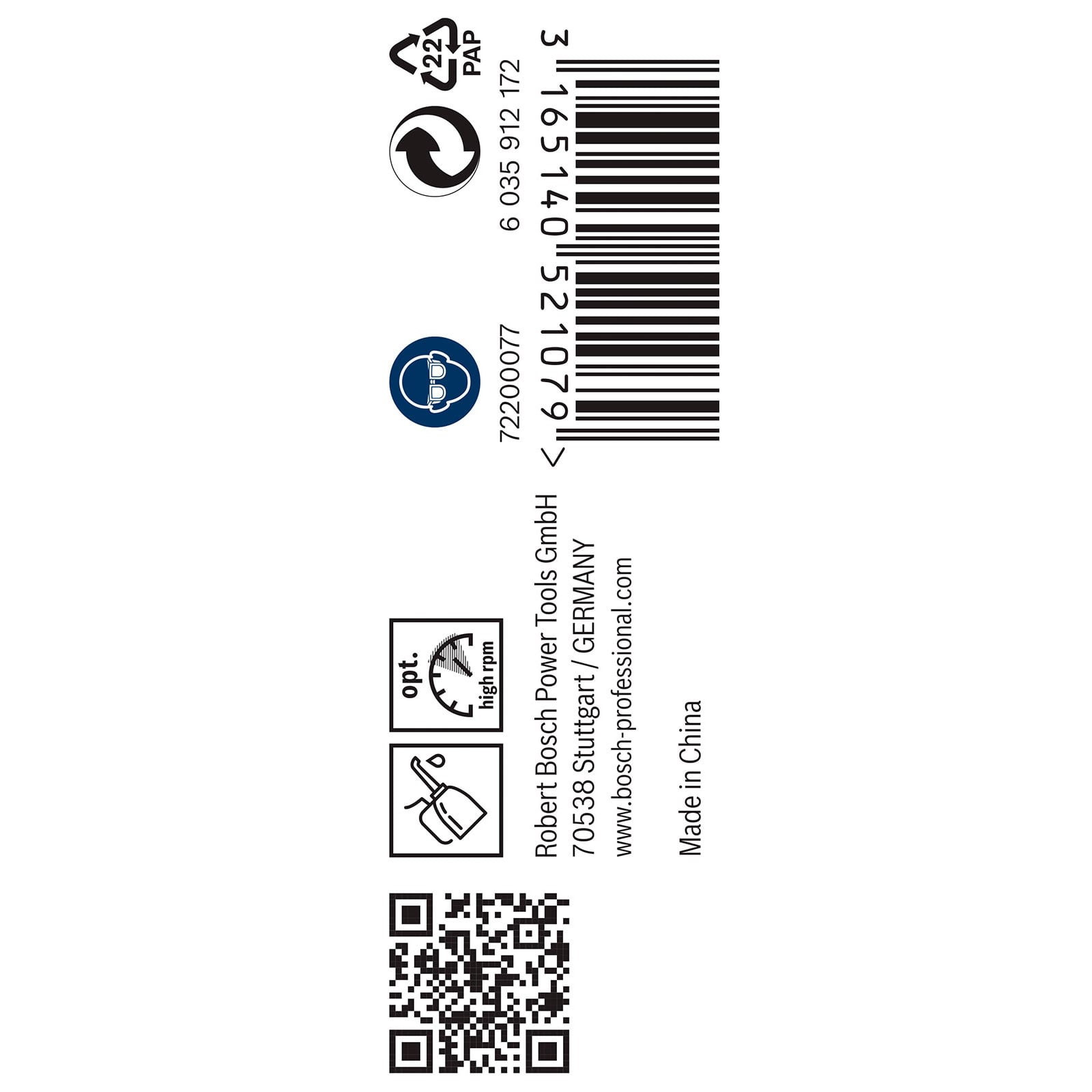 Barcode, QR-Code, Bosch-Logo und Symbole auf weißem Etikett.