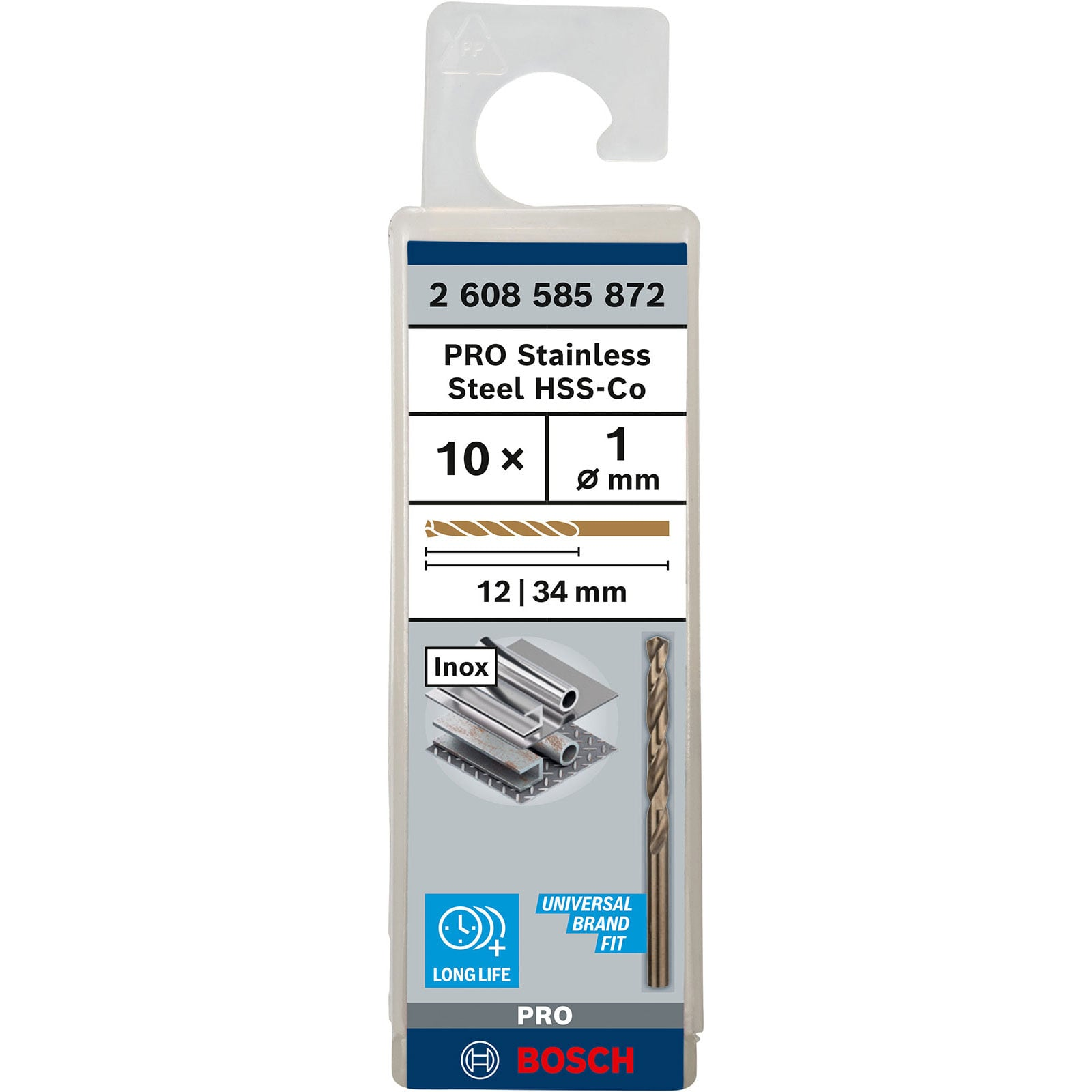 Verpackung von zehn Bosch PRO HSS-Co Stahlbohrern mit einem Durchmesser von 1 mm.