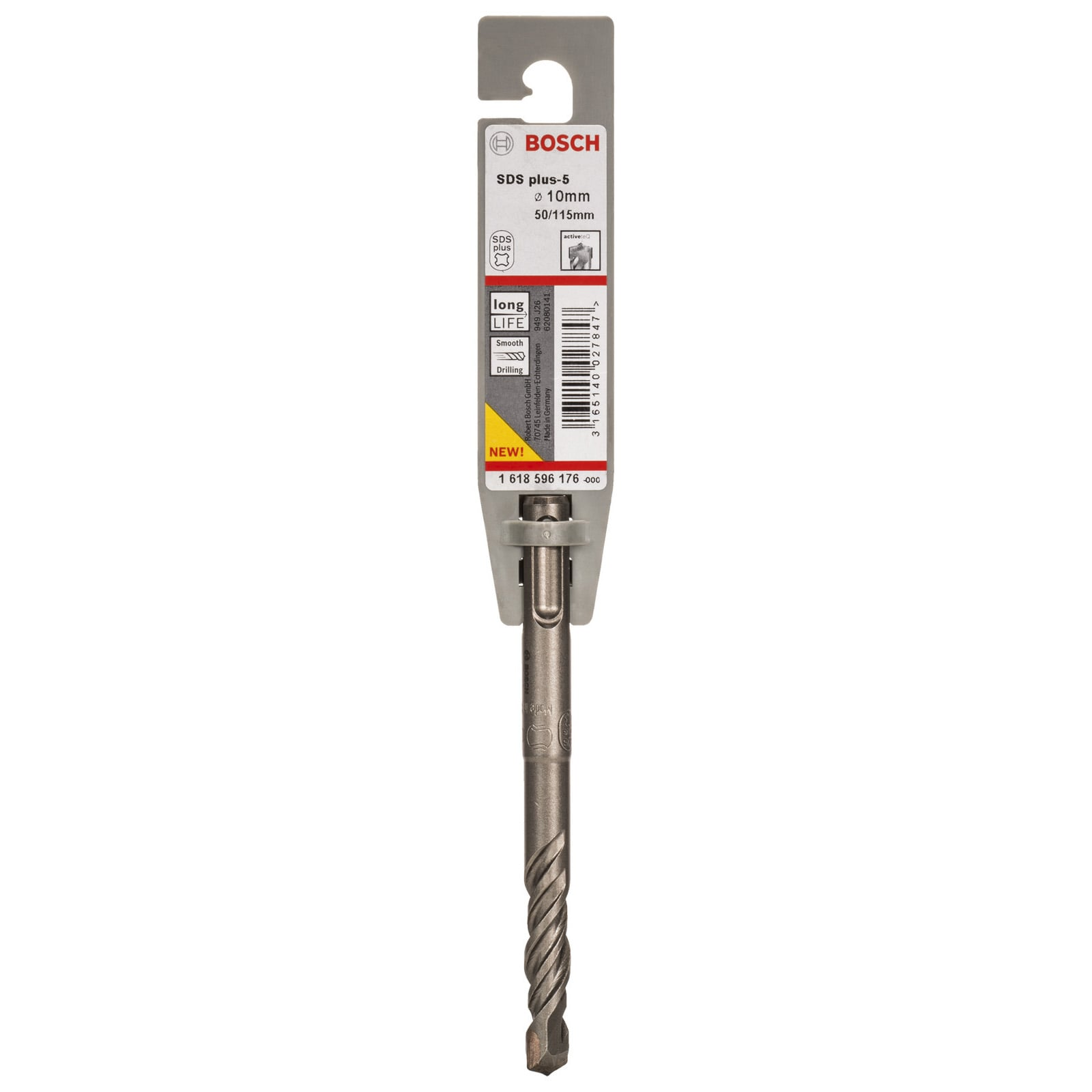 Bosch SDS plus-5 Bohrer, 10mm Durchmesser, auf grauer Verpackung mit Strichcode.