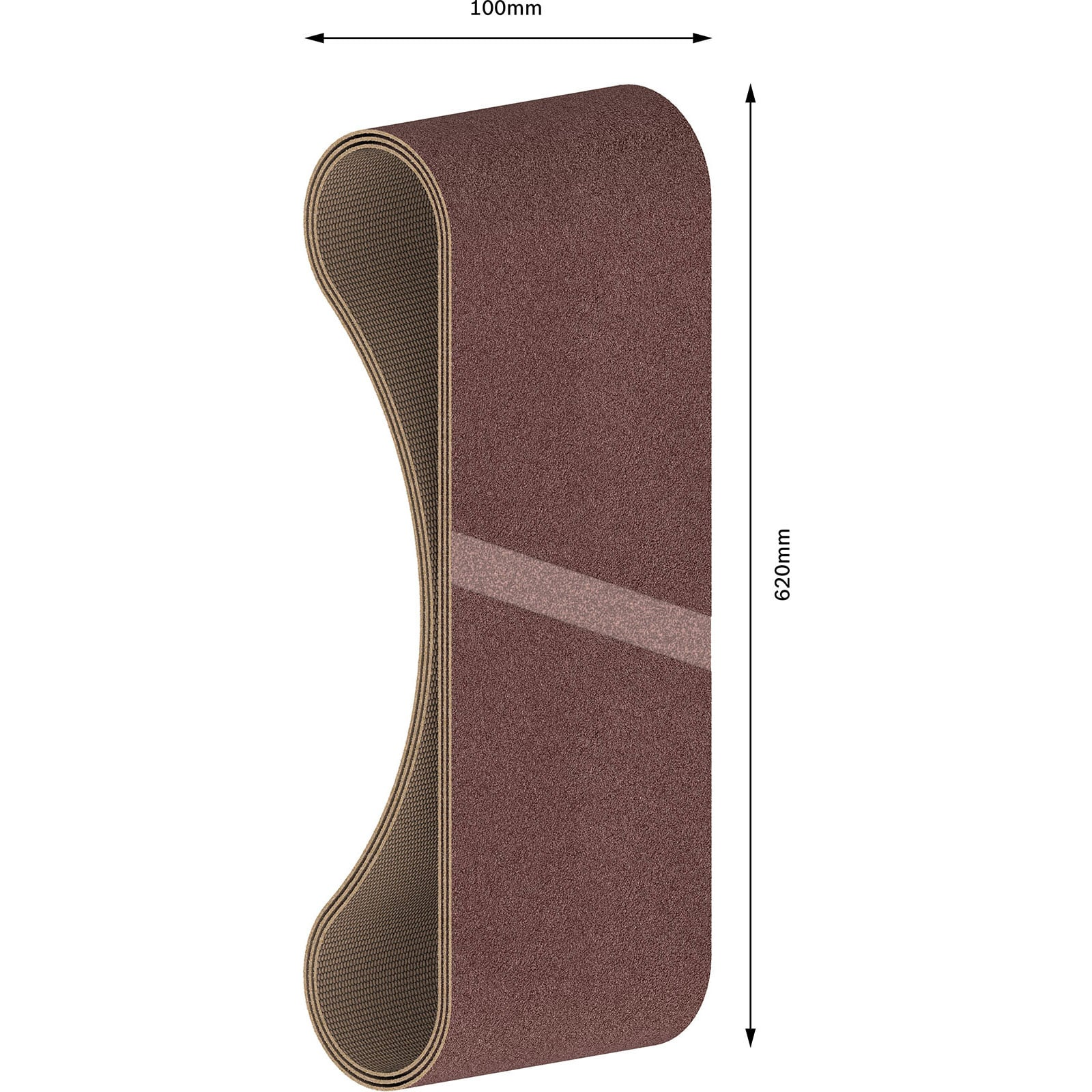 Braunes Schleifband mit Maßen 100mm Breite und 620mm Höhe auf weißem Hintergrund.