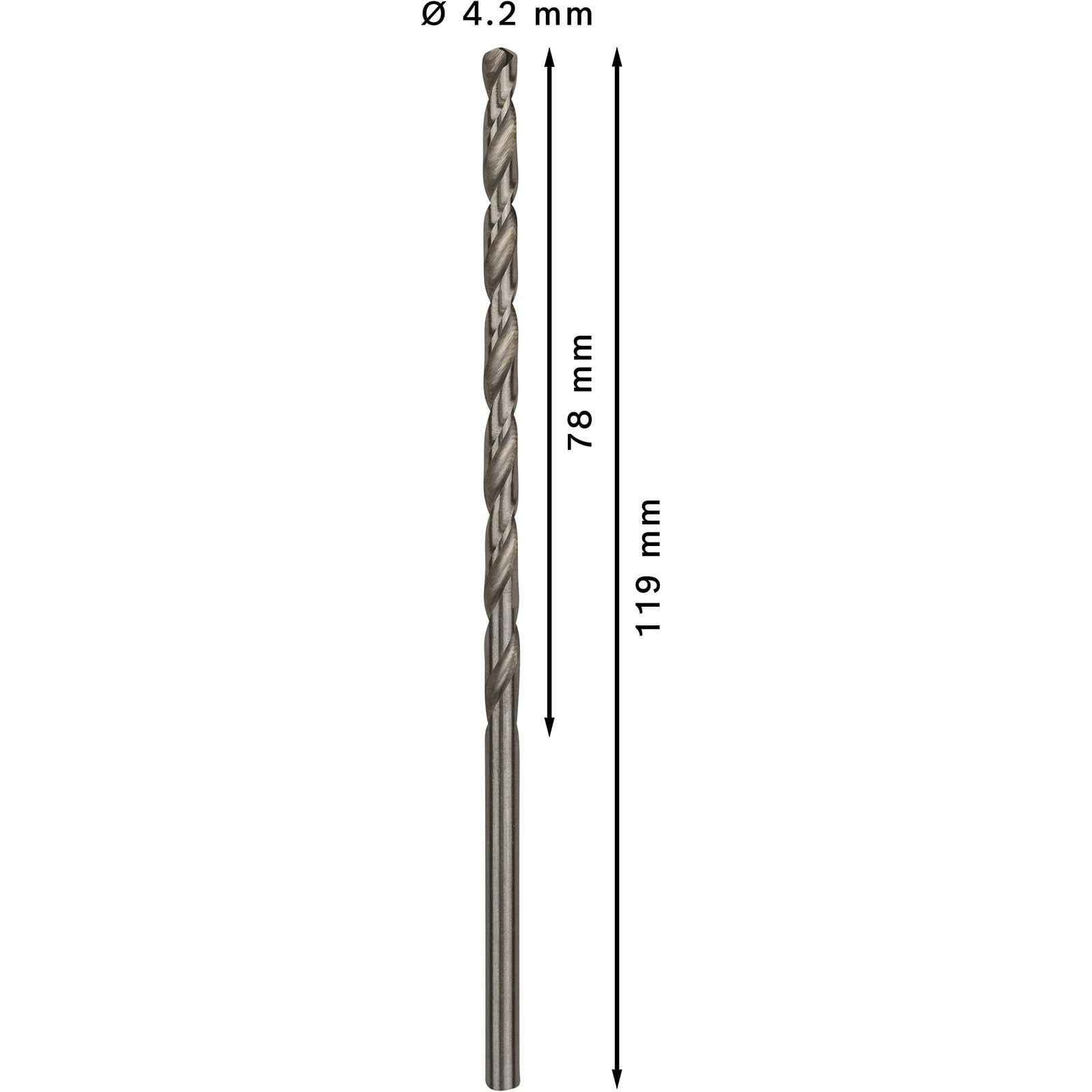 Langer Spiralbohrer mit Maßen: 4.2 mm Durchmesser, 78 mm Arbeitslänge und 119 mm Gesamtlänge auf weißem Hintergrund.