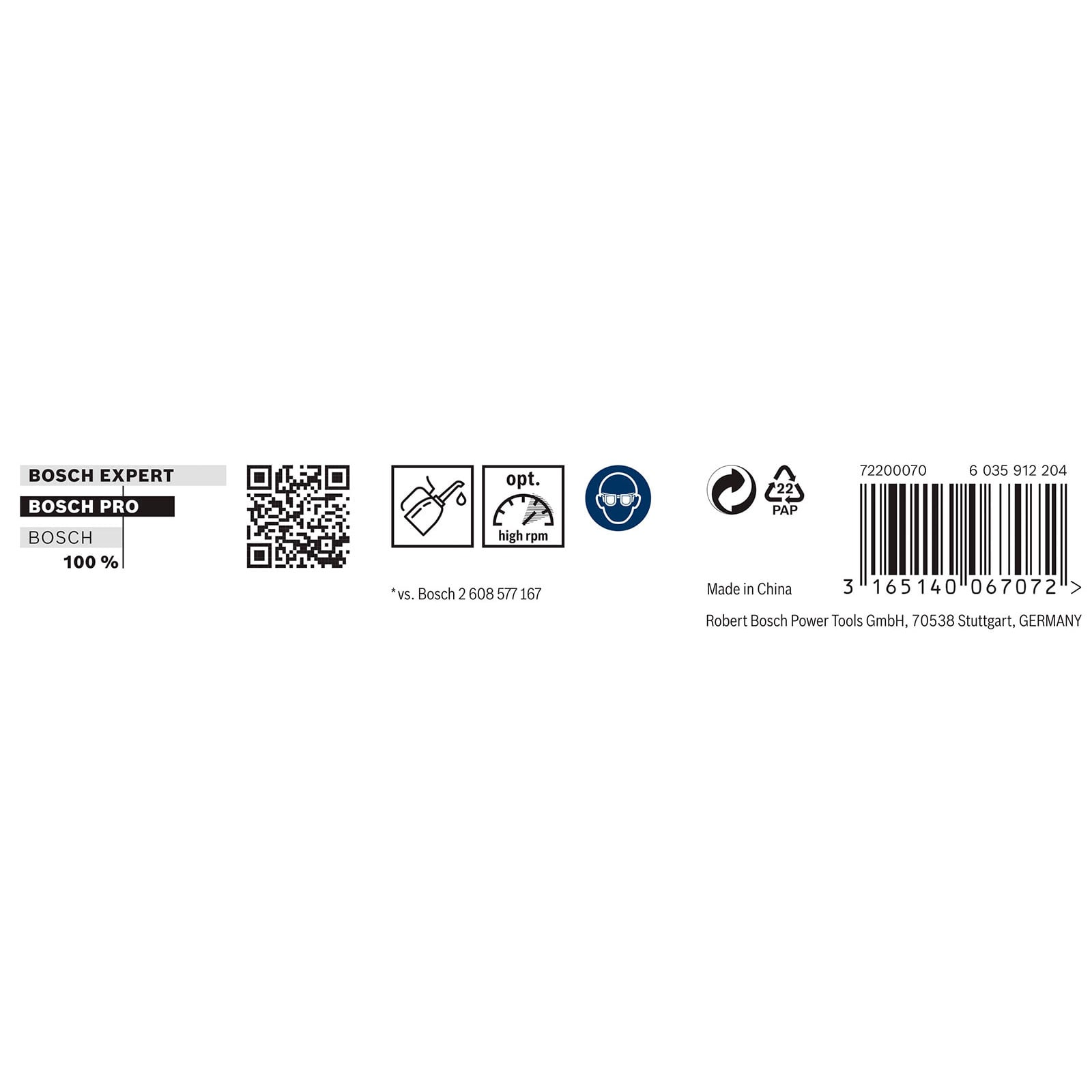 Bosch Etikett mit Bosch Expert Logo, QR-Code, Sicherheits- und RPM-Symbolen, Barcode sowie Herstelleradresse.