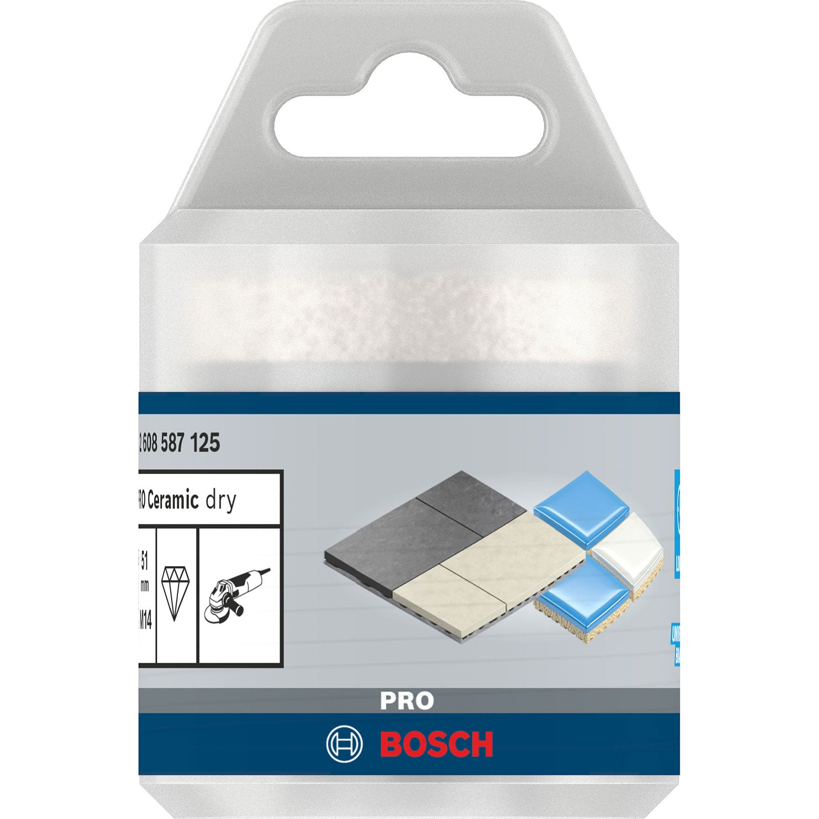 Bosch PRO Keramik-Tro Trockenbohrkronen-Verpackung mit grau-blauem Fliesen-Grafikdesign und Logo.