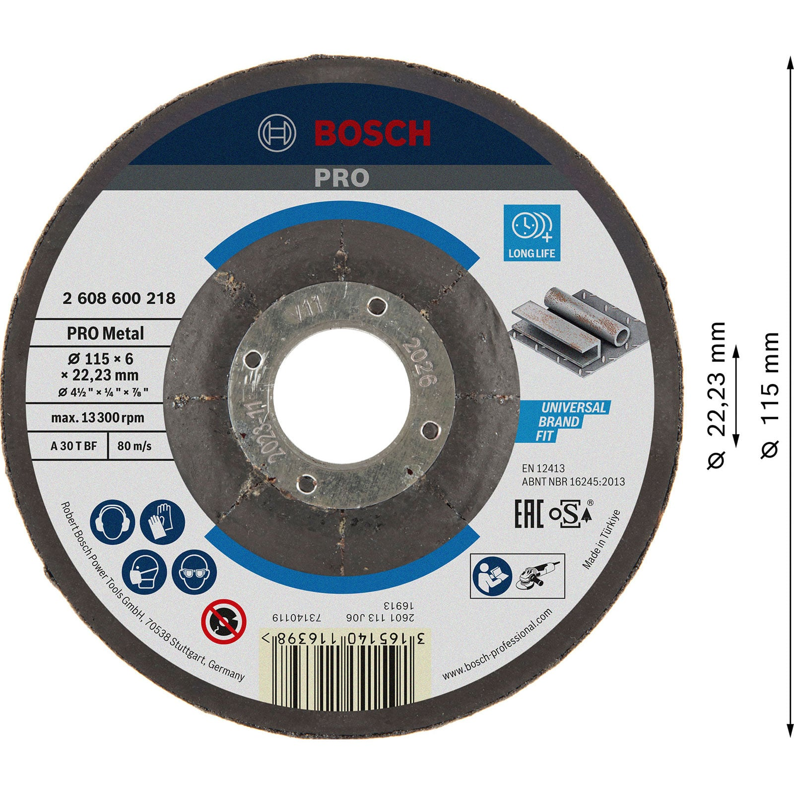 Tarcza szlifierska Bosch PRO Metal z oznaczeniami wymiarów i RPM oraz kodem kreskowym na białej etykiecie.