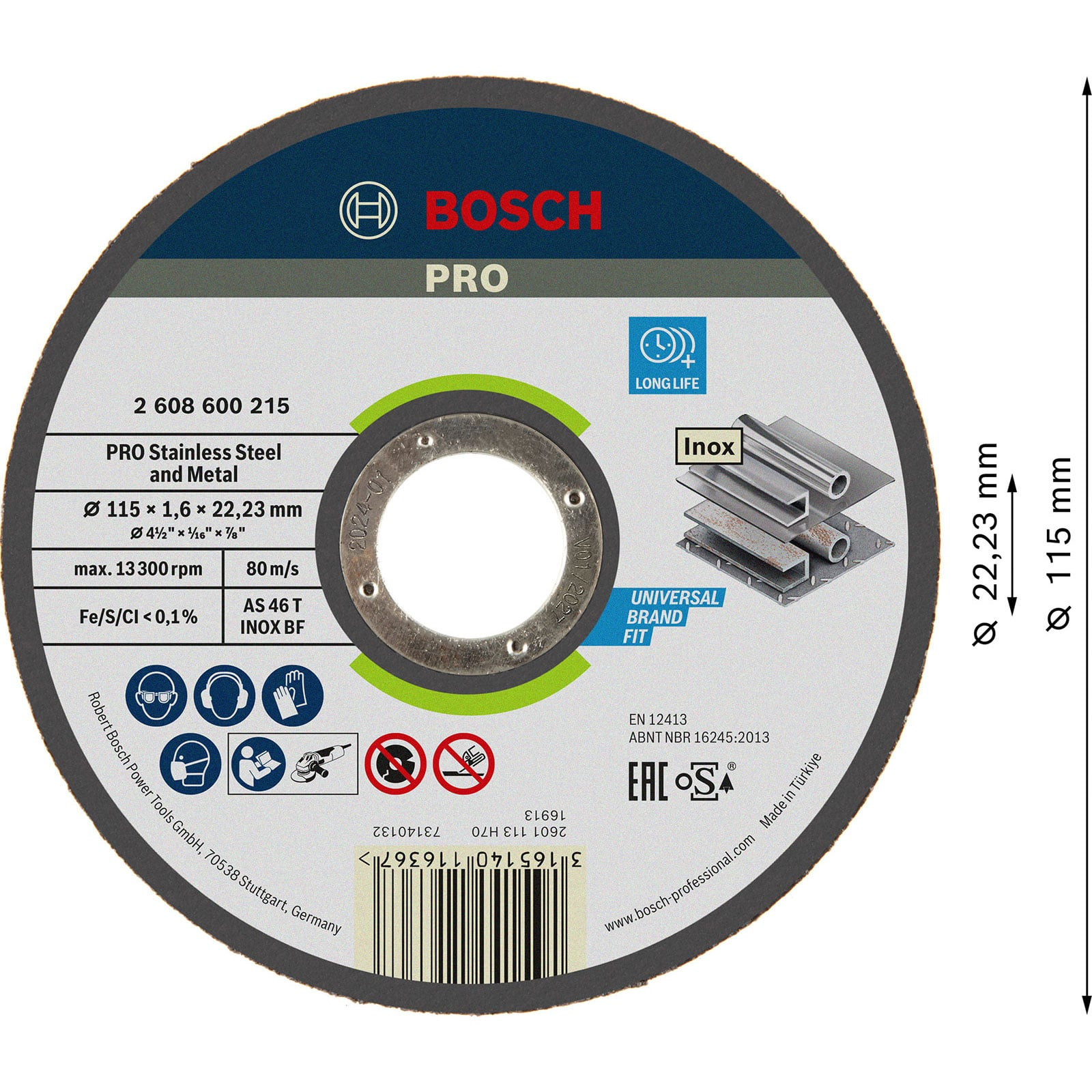 Bosch Pro Trennscheibe für Edelstahl und Metall, 115 mm Durchmesser.