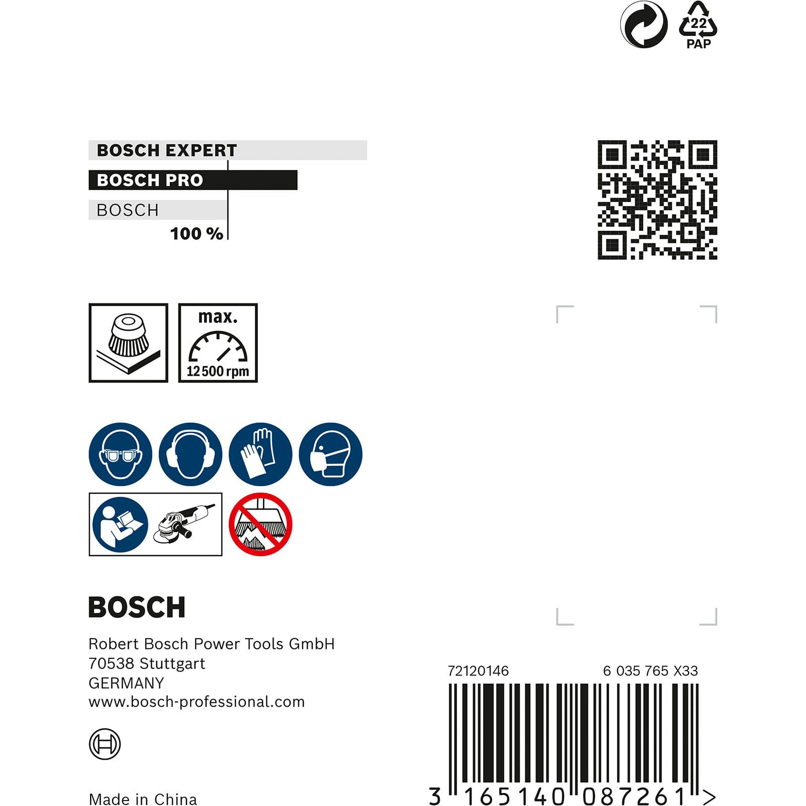 Bosch-Produktetikett mit QR-Code, Sicherheitssymbolen und Firmenadresse.