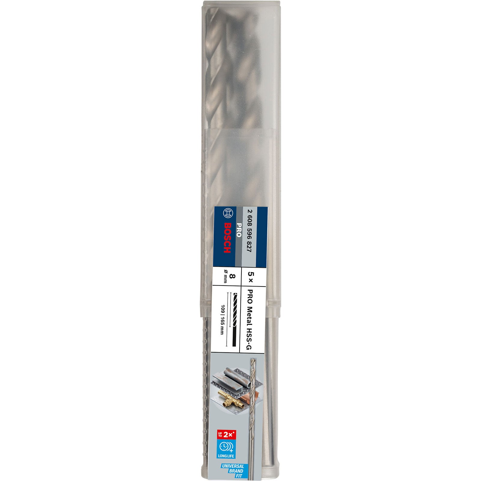 Packung mit fünf Bosch HSS-G Metalldrahtbohrern in einer KunststoffröHre.