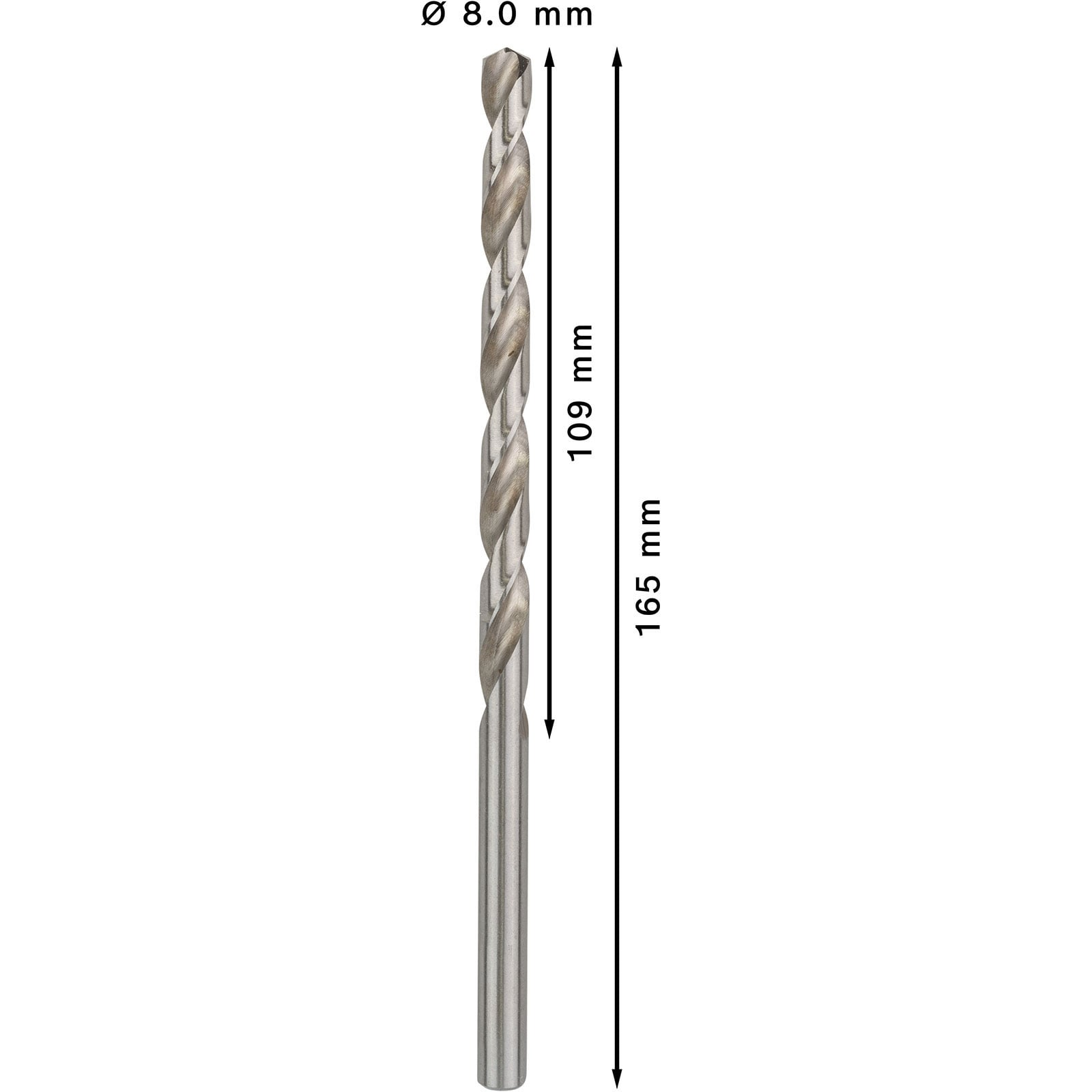 Ein 8,0 mm Bohrer, 165 mm Gesamtlänge, mit 109 mm Arbeitslänge vor weißem Hintergrund.