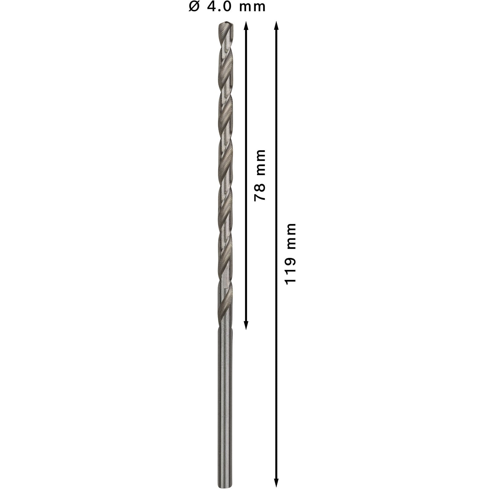 Ein 4,0 mm Bohrer mit 78 mm Arbeits- und 119 mm Gesamtlänge auf weißem Grund.