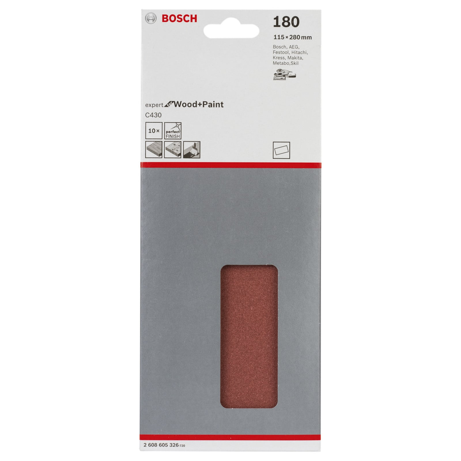 Bosch Wood+Paint Schleifpapier-Verpackung in Grau und Weiß, mit einem roten Schleifblatt durch ein Sichtfenster.