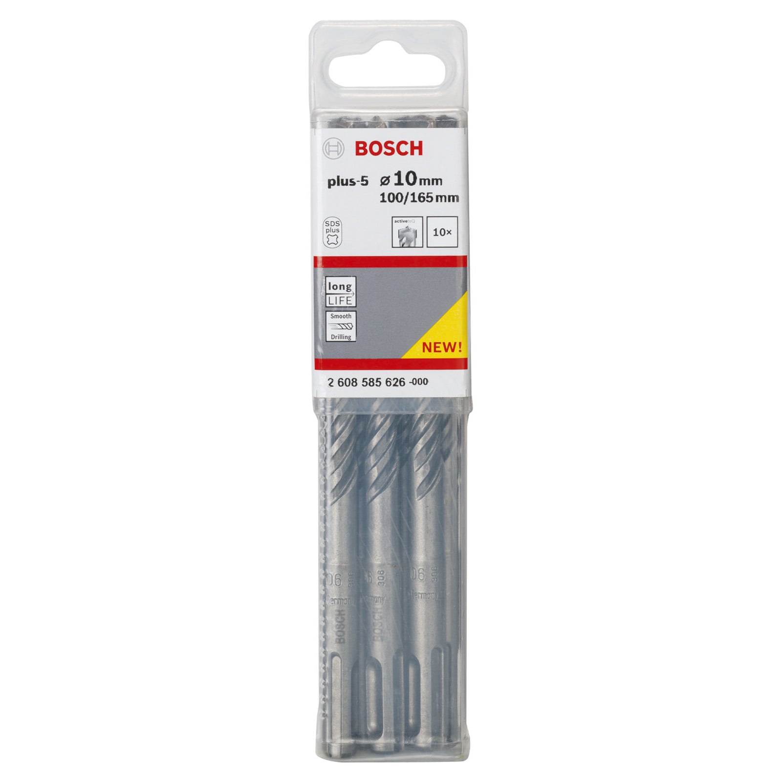Packung mit Bosch SDS plus-5 Hammerbohrern, 10 mm Durchmesser, 165 mm Länge, in transparenter Verpackung.