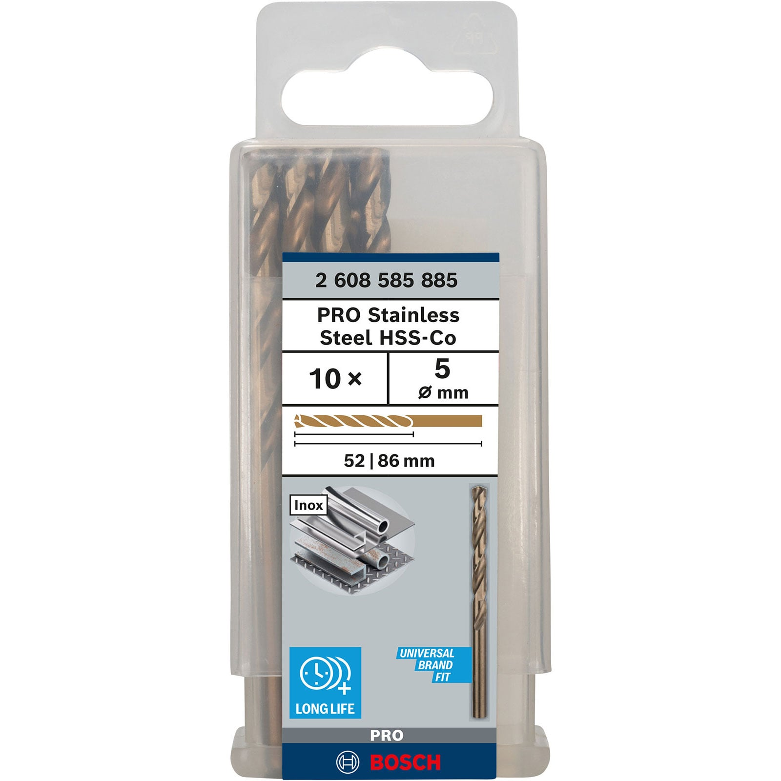 Verpackung mit zehn braunen Bosch PRO Edelstahl-HSS-Co-Bohrern mit 5 mm Durchmesser.