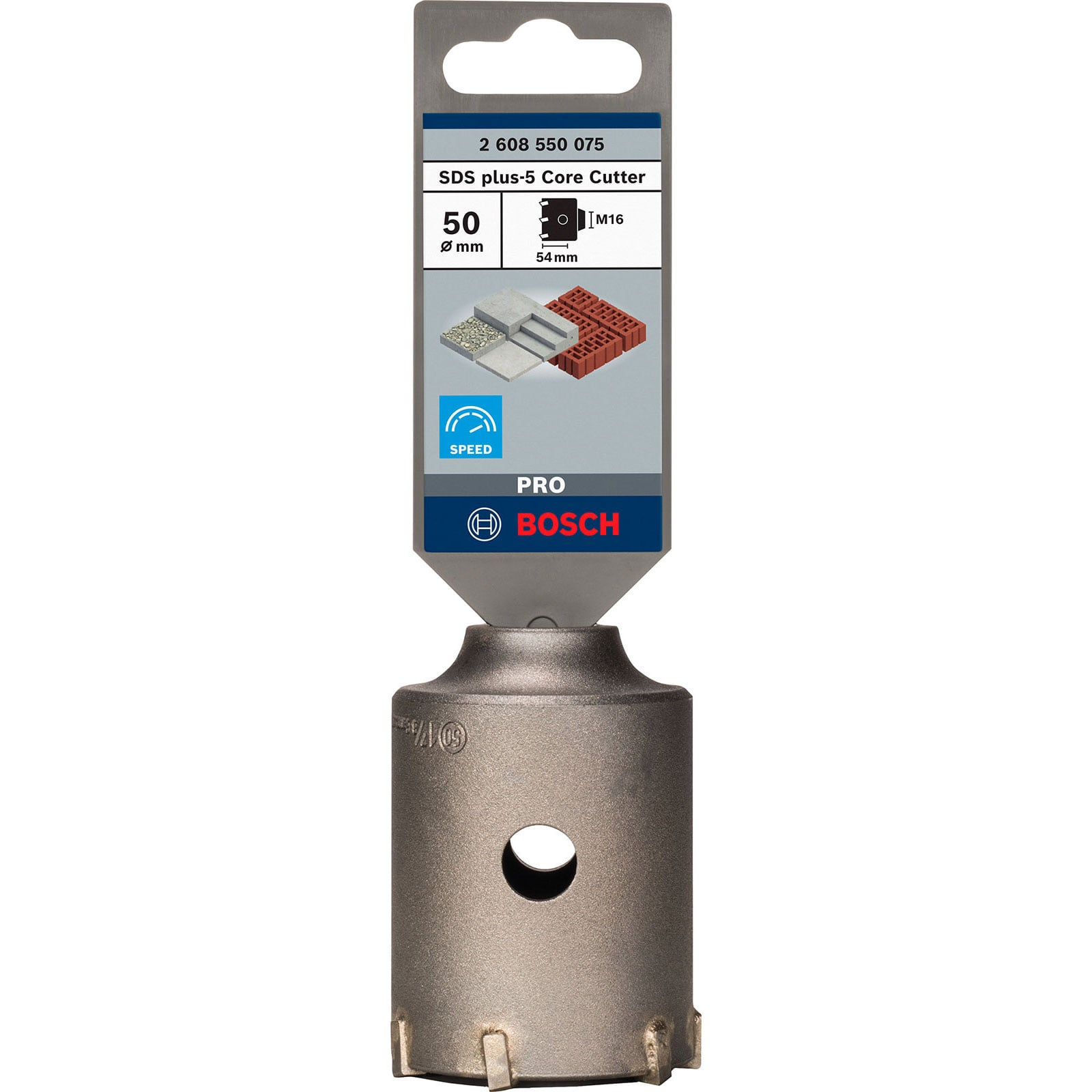 Bosch SDS plus-5 Kernbohrer in Originalverpackung auf grauem Hintergrund.