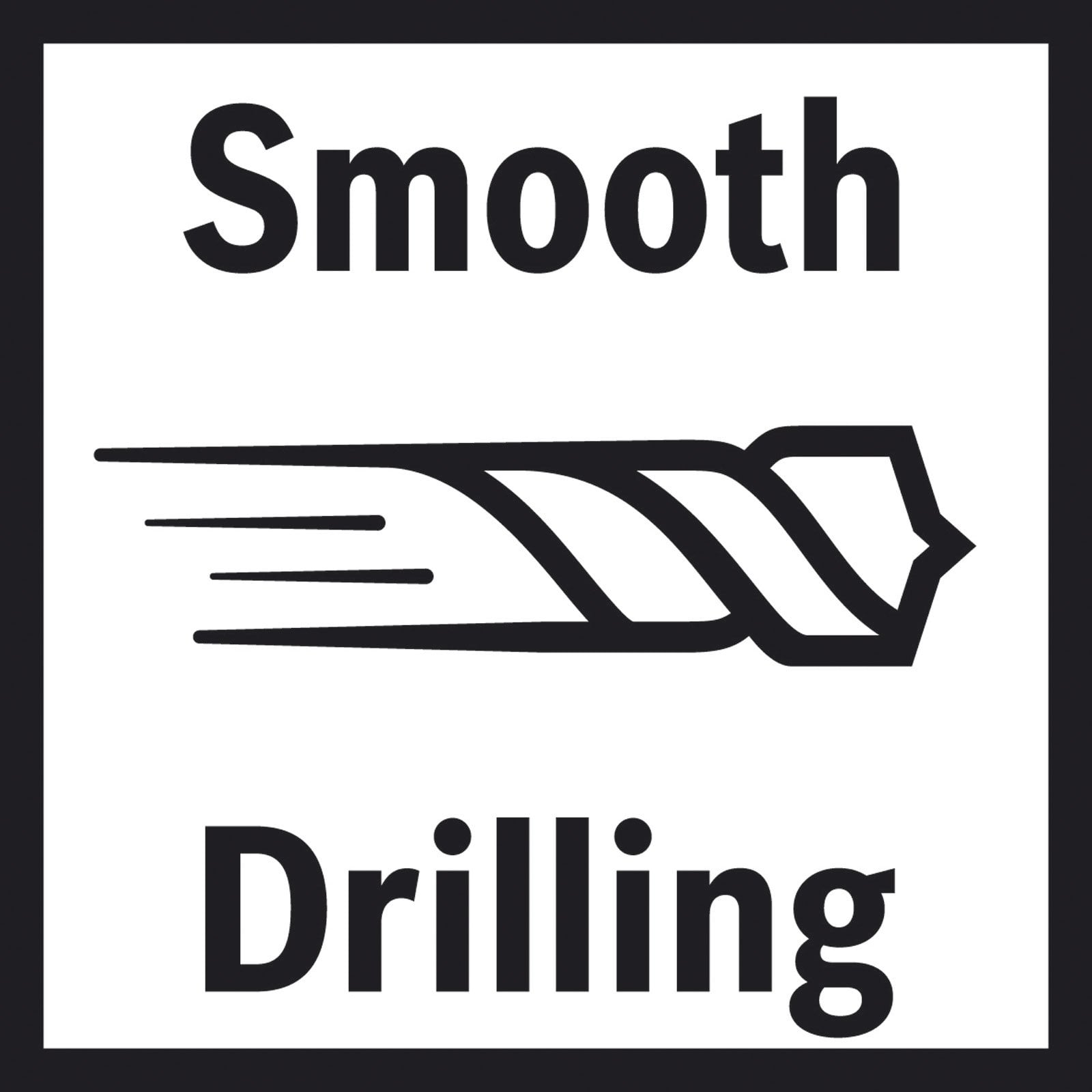 Schwarzes Symbol mit der Aufschrift Smooth Drilling und einer Bohrer-Grafik.