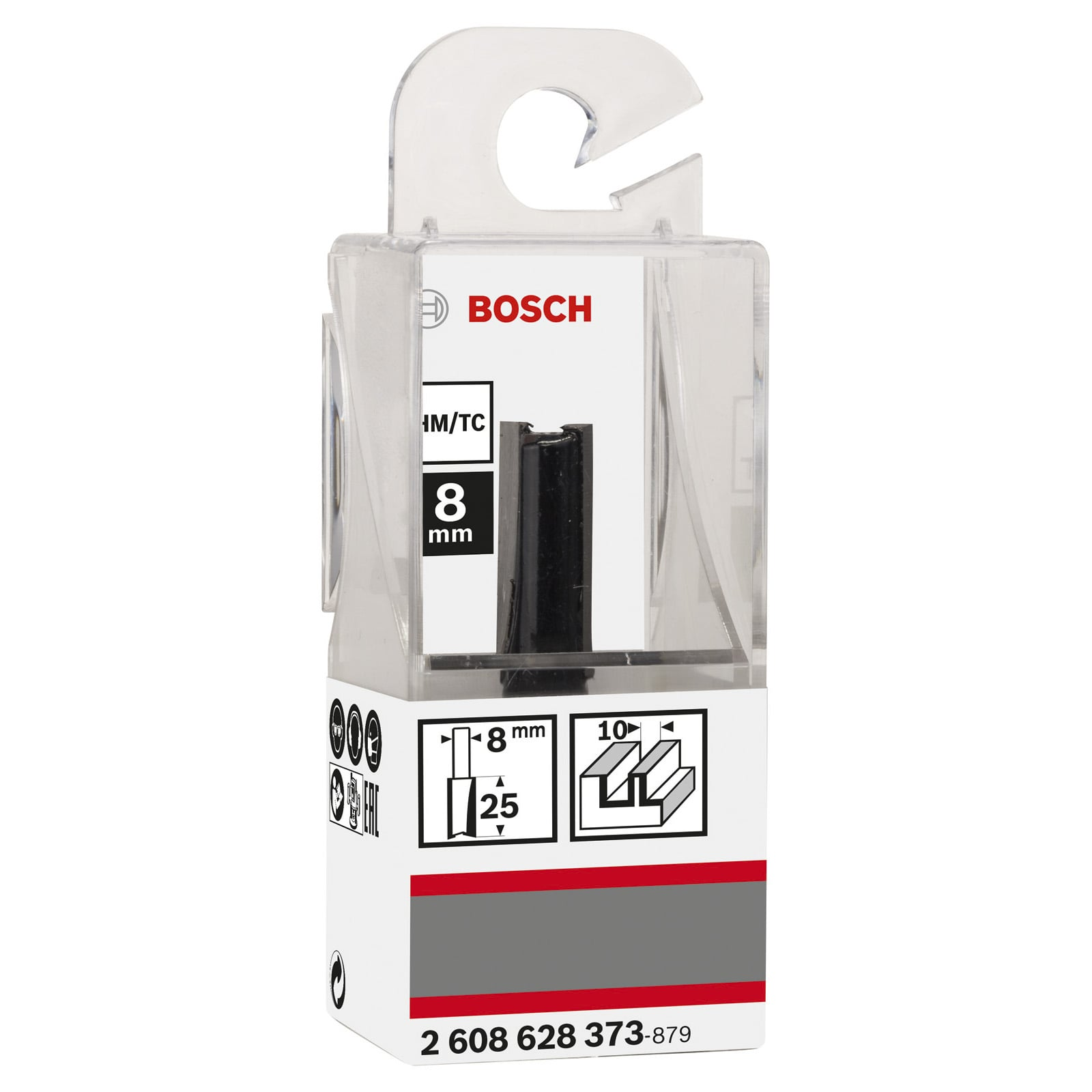 Bosch 8mm Fräser in transparenter Plastikverpackung mit rotem und weißem Etikett.