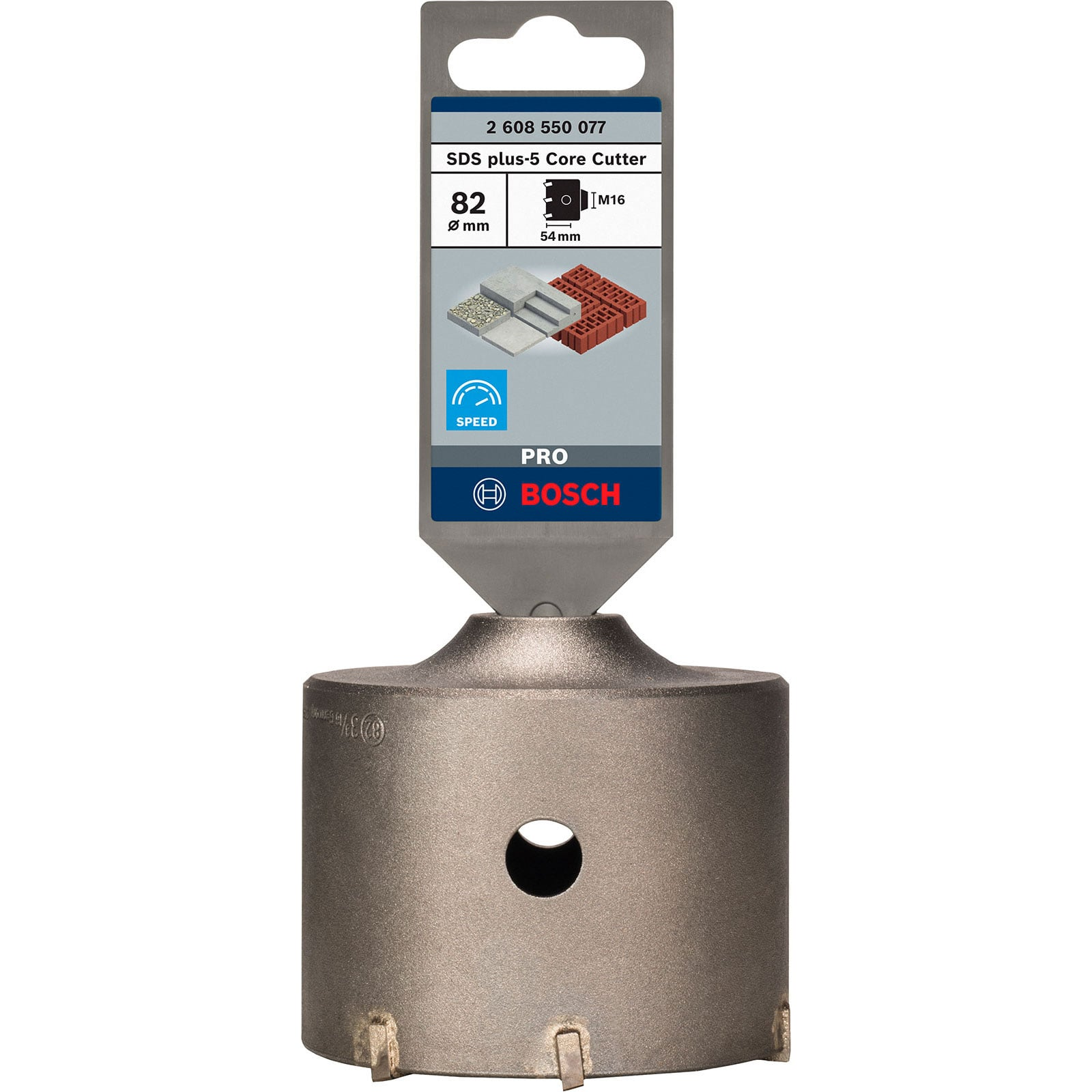 Bosch SDS plus-5 Kernbohrer, 82mm Durchmesser, mit Verpackungsetikett.
