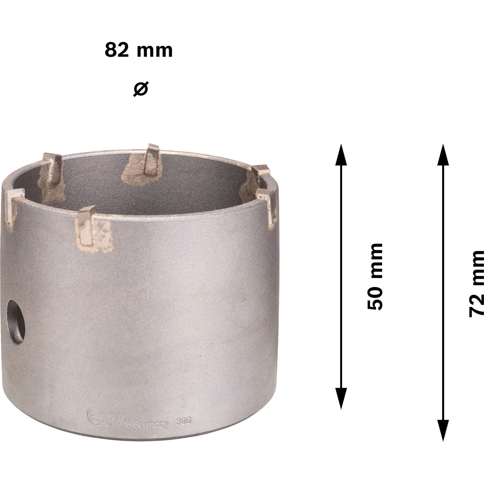 Metallbohrkrone mit 82 mm Durchmesser und 50 mm Höhe.