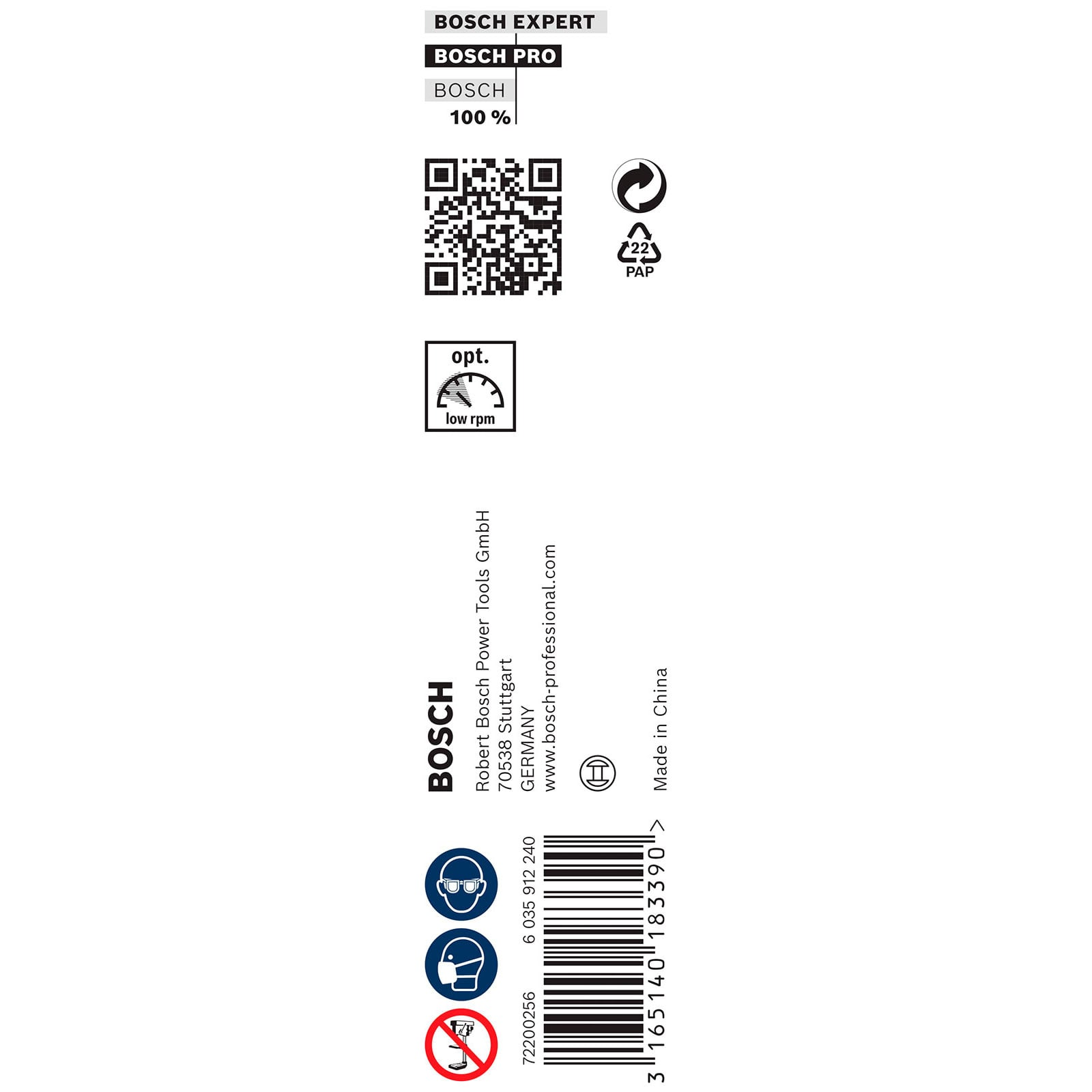 Bosch Etikett mit QR-Code, Herstelleradresse, Strichcode und Sicherheitssymbolen auf weißem Hintergrund.