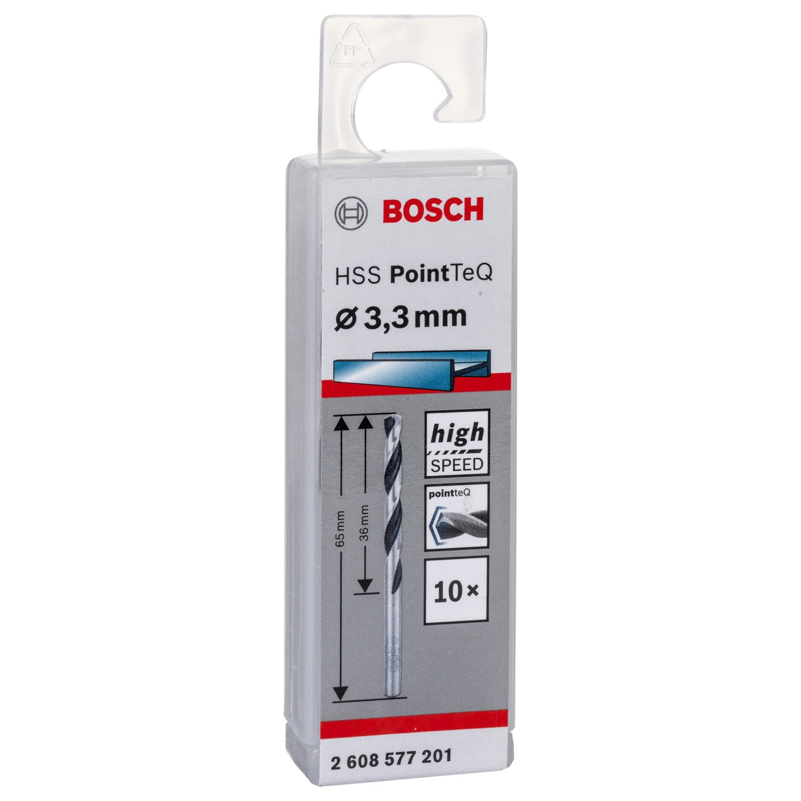 Wiertło kręte Bosch HSS PointTeQ 3,3 mm w przezroczystym plastikowym opakowaniu z zawieszką.